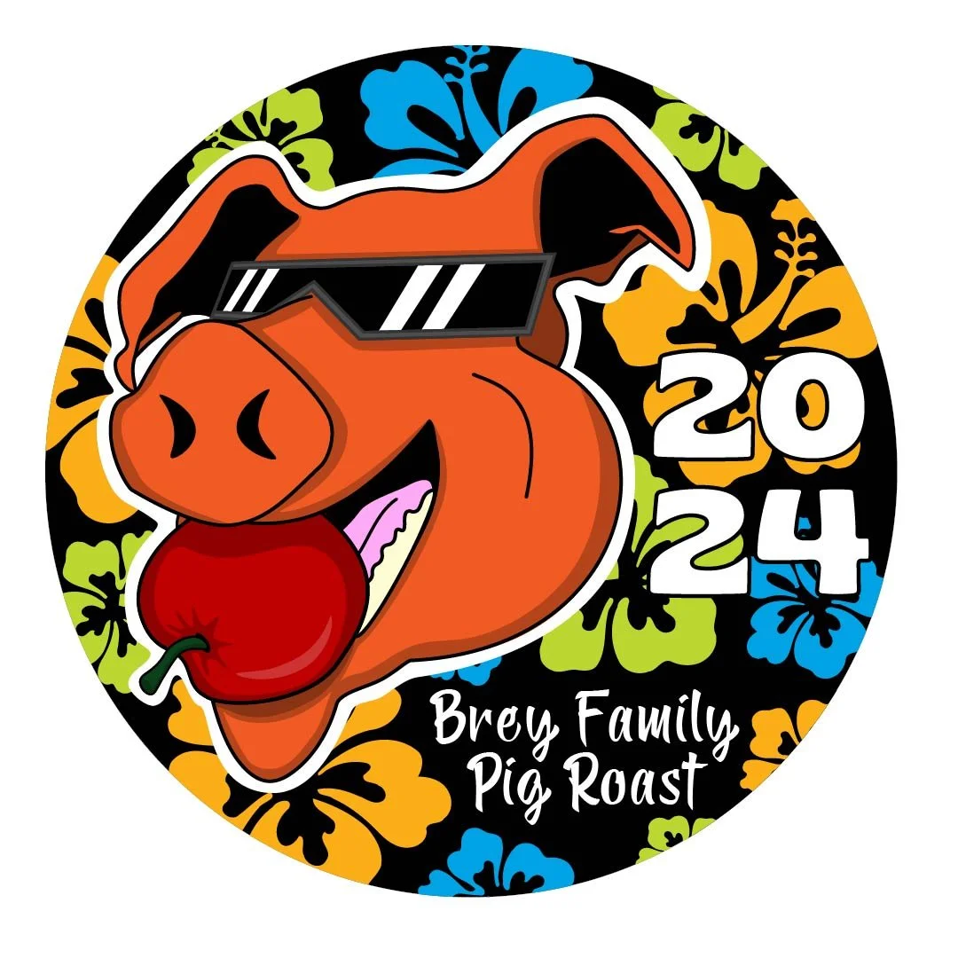 A colorful circular design featuring a cartoon pig wearing sunglasses and holding a red apple in its mouth. The design includes the text "2024" and "Brey Family Pig Roast," with a hibiscus flower pattern in the background.
