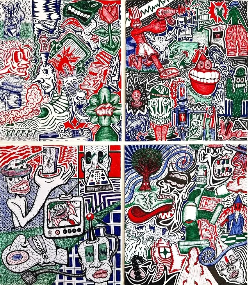 A colorful, chaotic collage of various pop art and street art style drawings. It features abstract characters, faces, monster-like creatures, objects, and symbols in a vibrant mix of red, green, black, blue, and white.