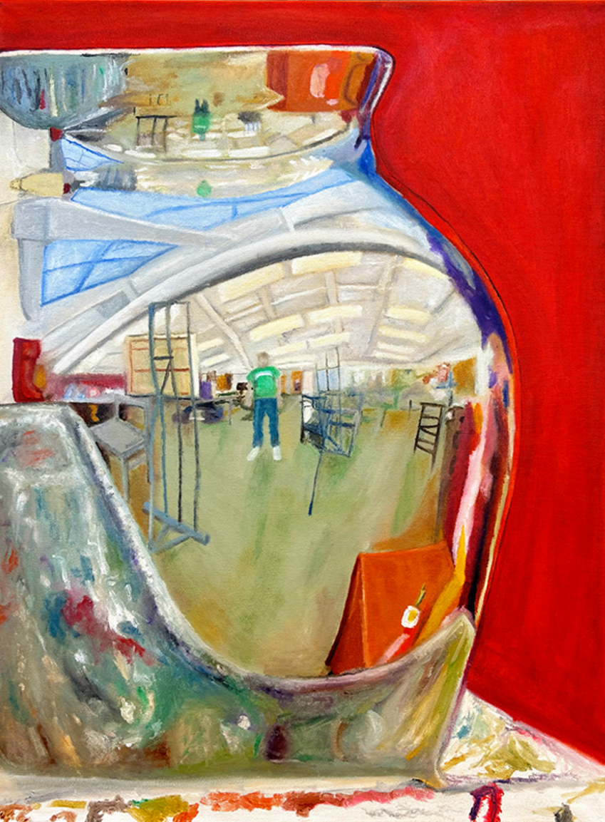 A colorful abstract painting of a reflection in a metallic vase showing an indoor space with a person standing, chairs, and a curved ceiling, against a red background.