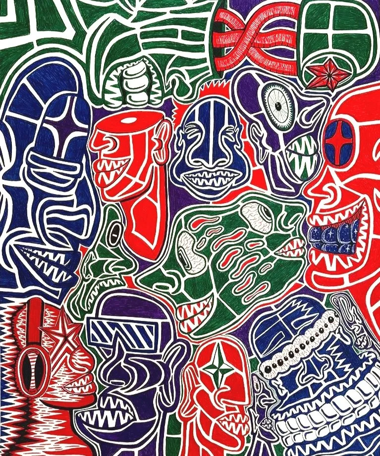 Colorful abstract illustration of various cartoonish faces and figures with exaggerated features, outlined in bold lines, in red, blue, green, and purple.