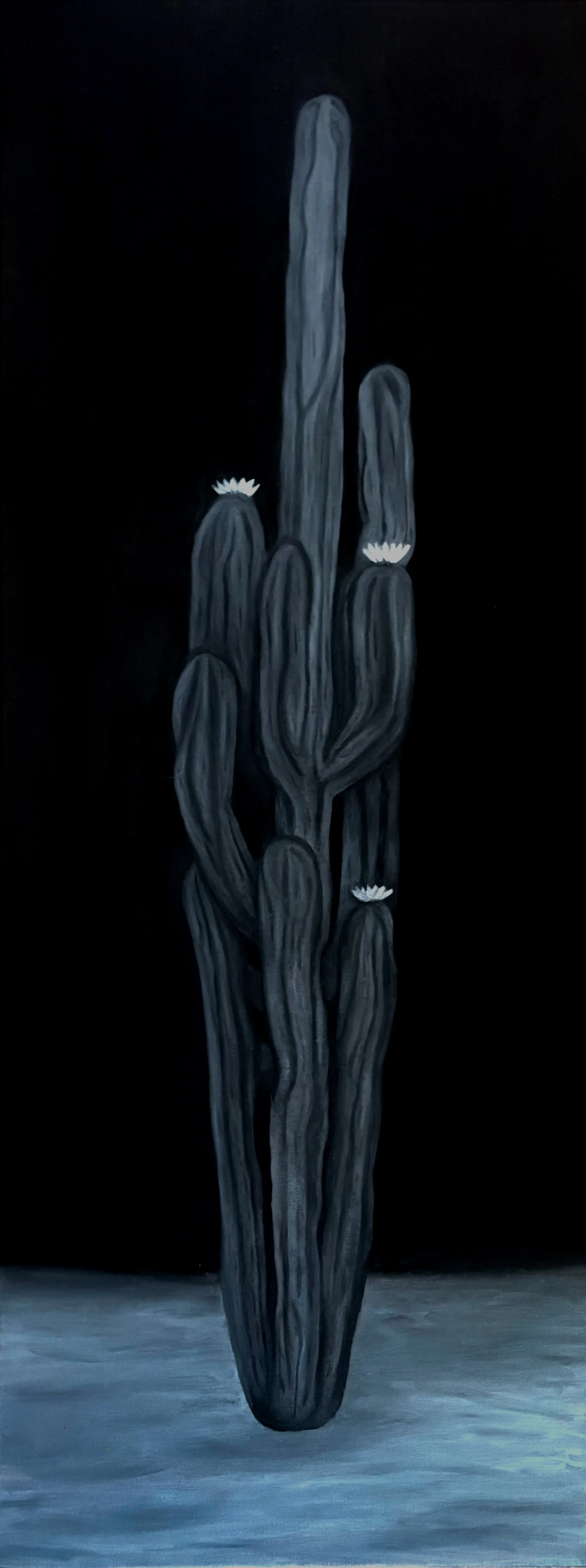 A tall, dark, and stylized cactus with white flowers on three of its arms, set against a black background and a light gray ground.