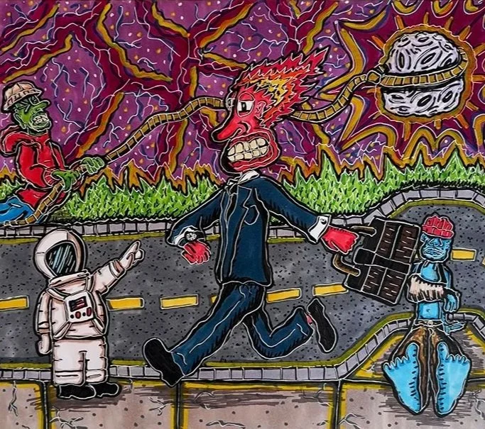 A colorful cartoon illustration depicting a giant fiery-headed figure. Smaller characters, including an astronaut, an alien, and a person with a brain helmet, are present. The scene is set against a background of lightning and a starry sky.