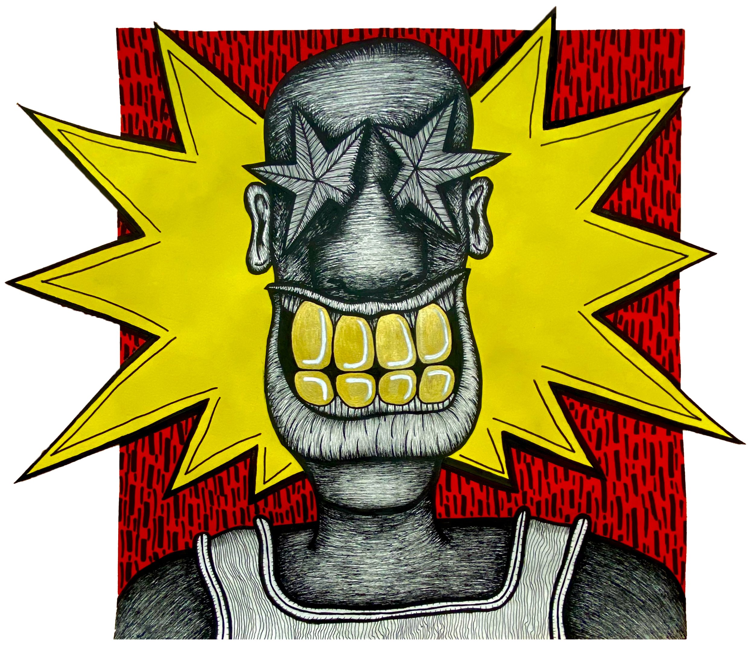 A stylized illustration of a person's head with an afro, with two large cannabis leaves placed over the eyes. The background features a red and black graphic pattern, and the person is depicted with a smiling expression, gold teeth, and a dark shirt.