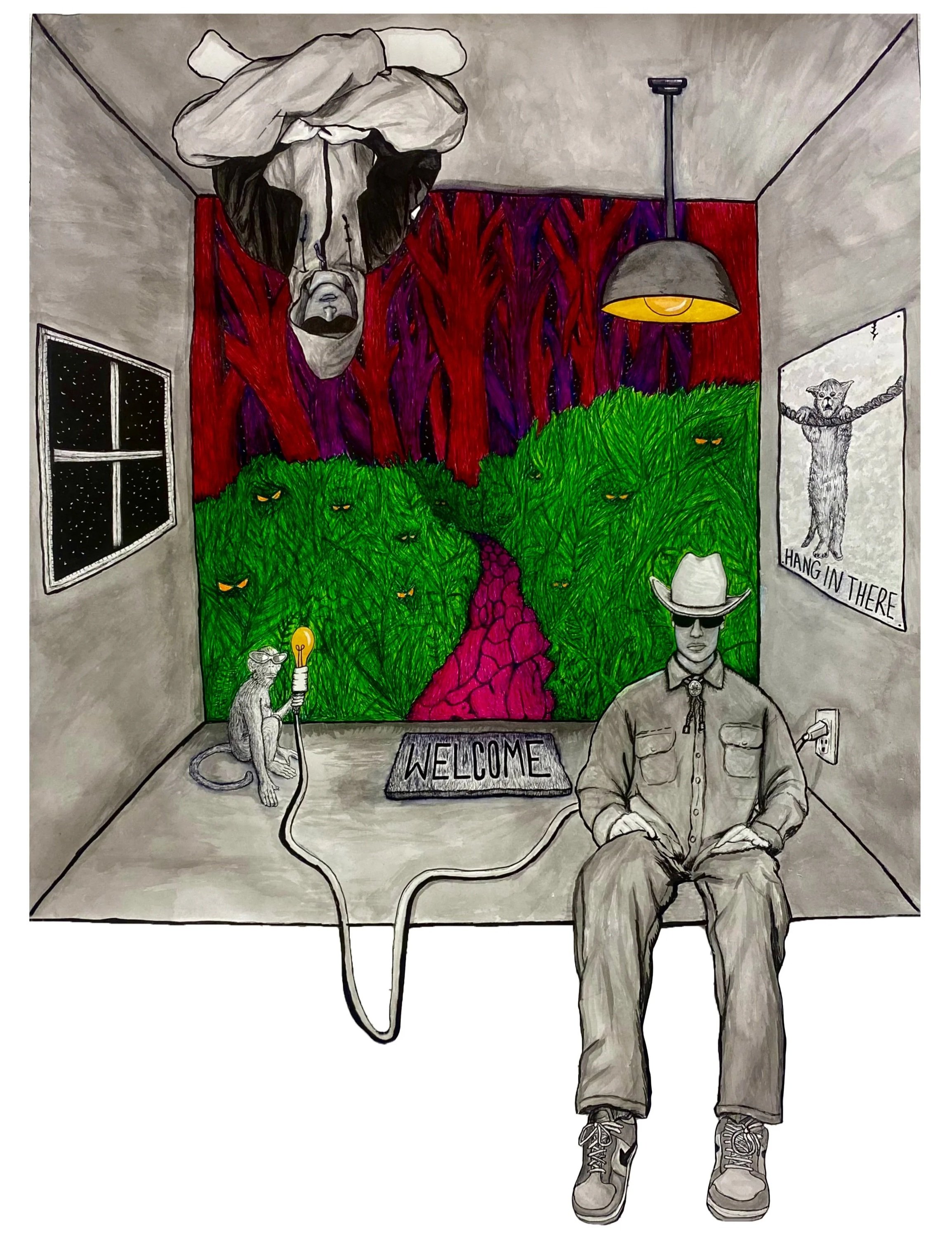 A man in a cowboy outfit, wearing a cowboy hat and bolo tie, sitting in a room with the walls colored in gray, with a mural of a forest, a poster, and a window. The mural features multiple green bushes with angry eyes, a purple and red forest background, and a pink path.