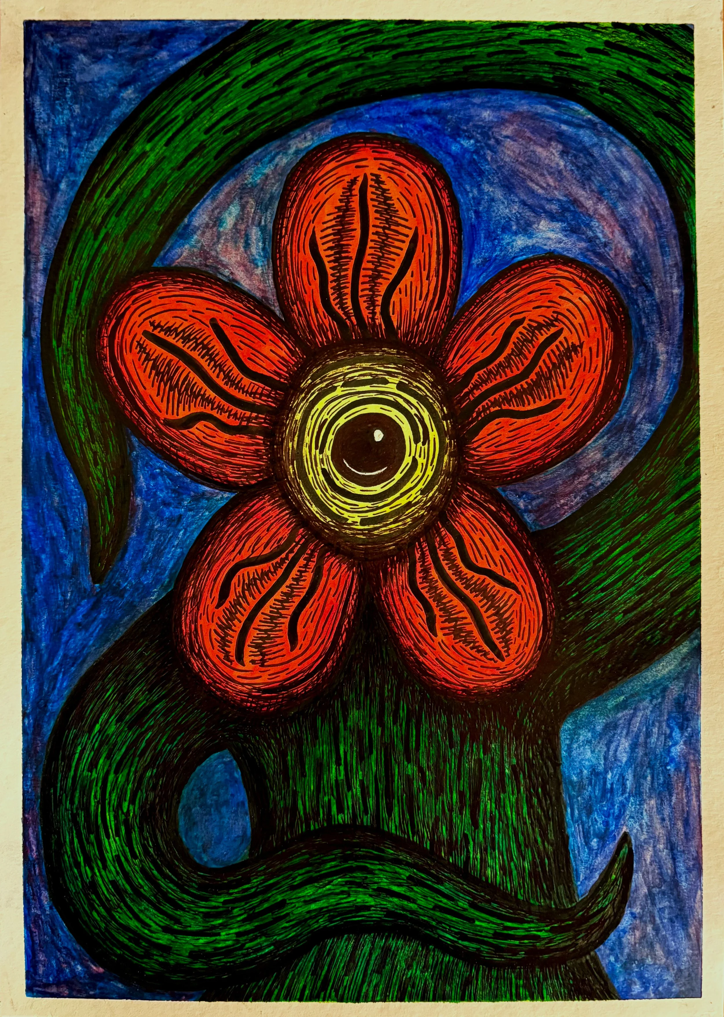 Colorful abstract painting featuring a large red flower with black lines, a yellow circular center, surrounded by swirling green, blue, and black backgrounds.