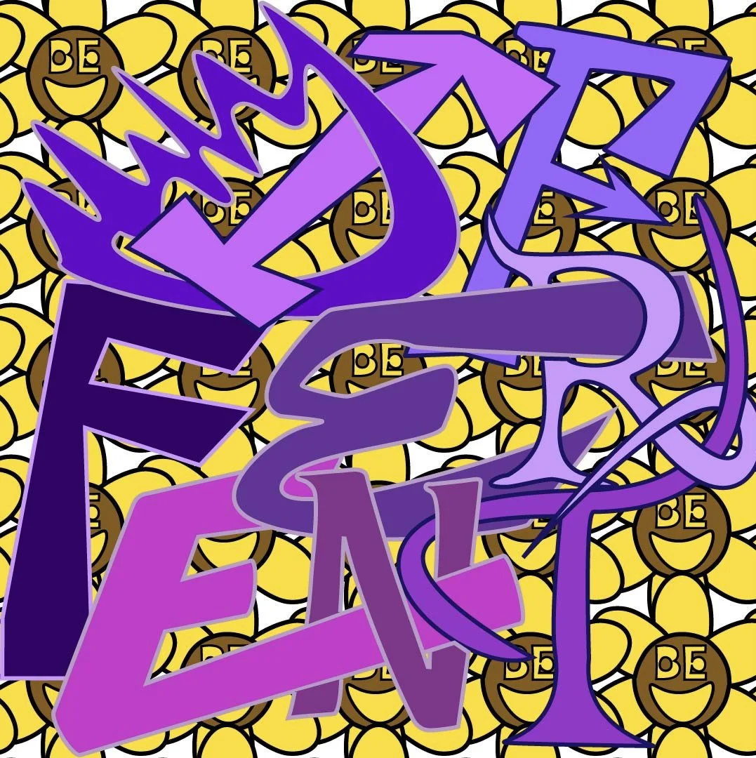 Colorful graffiti-style art with purple and pink letters saying 'DIFFERENT' on a background of yellow smiley faces.