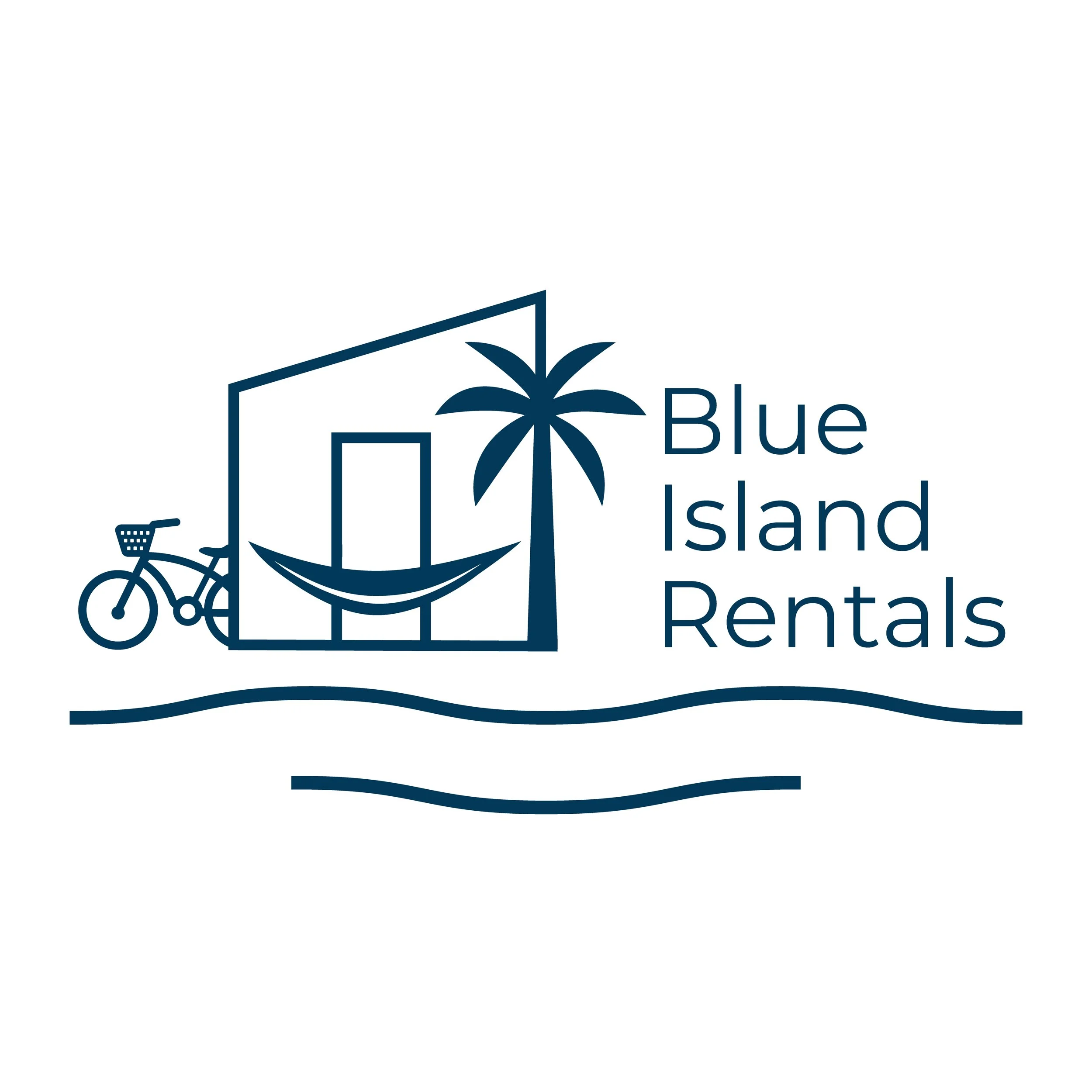 A logo for Blue Island Rentals featuring an outline of a building, a palm tree, a sailboat, a bicycle, and the words "Blue Island Rentals" in blue text.