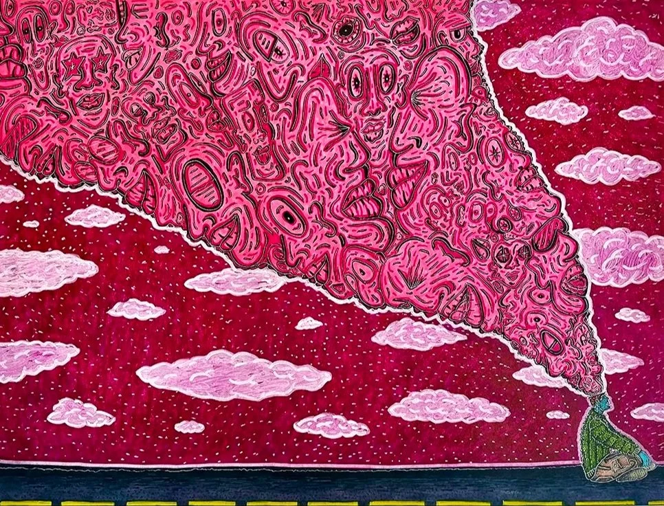 An abstract drawing of a large pink cloud-like structure with faces and eyes, ascending toward the sky from a small person sitting on the ground, surrounded by smaller pink clouds, with a red background.