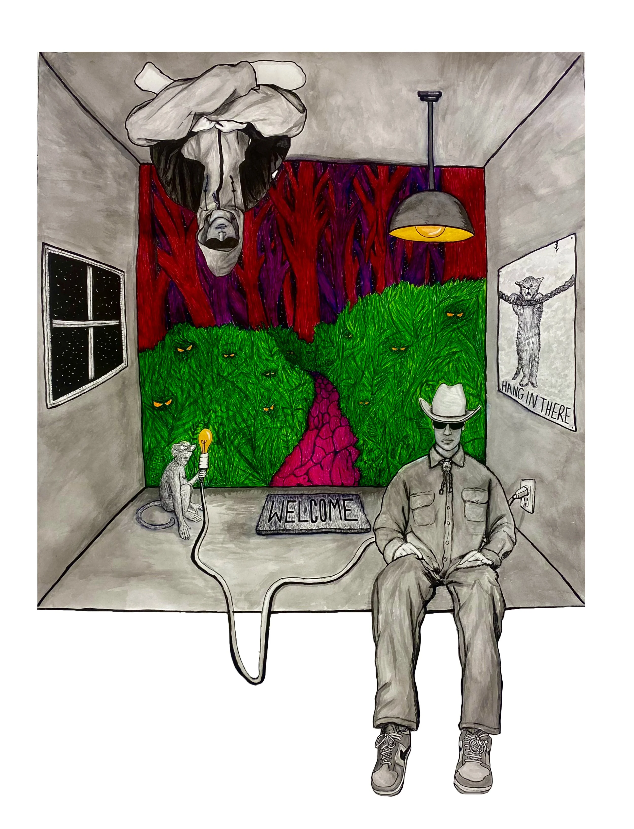 A man in a cowboy outfit, wearing a cowboy hat and bolo tie, sitting in a room with the walls colored in gray, with a mural of a forest, a poster, and a window. The mural features multiple green bushes with angry eyes, and a purple and red forest.