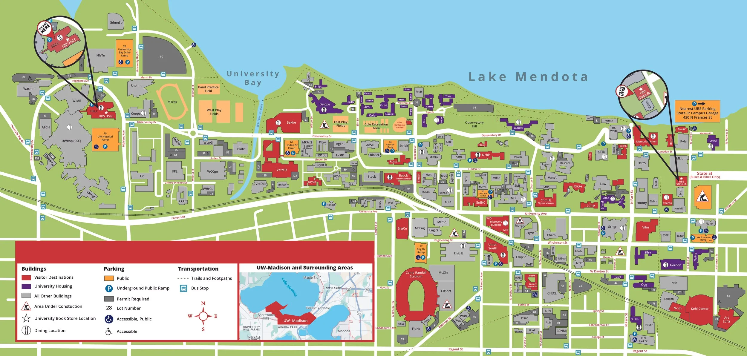 Map of the University of Wisconsin-Madison campus showing buildings, parking, and transportation routes near Lake Mendota.
