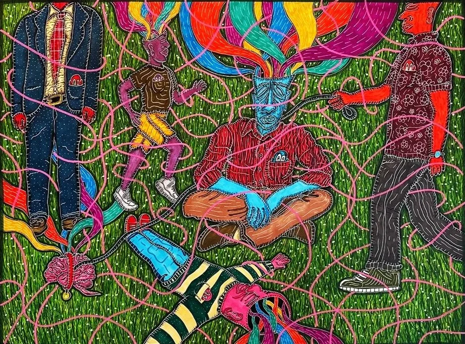 A surreal, colorful painting of a group gathered outdoors on green grass, connected by pink lines resembling neural or electrical connections.