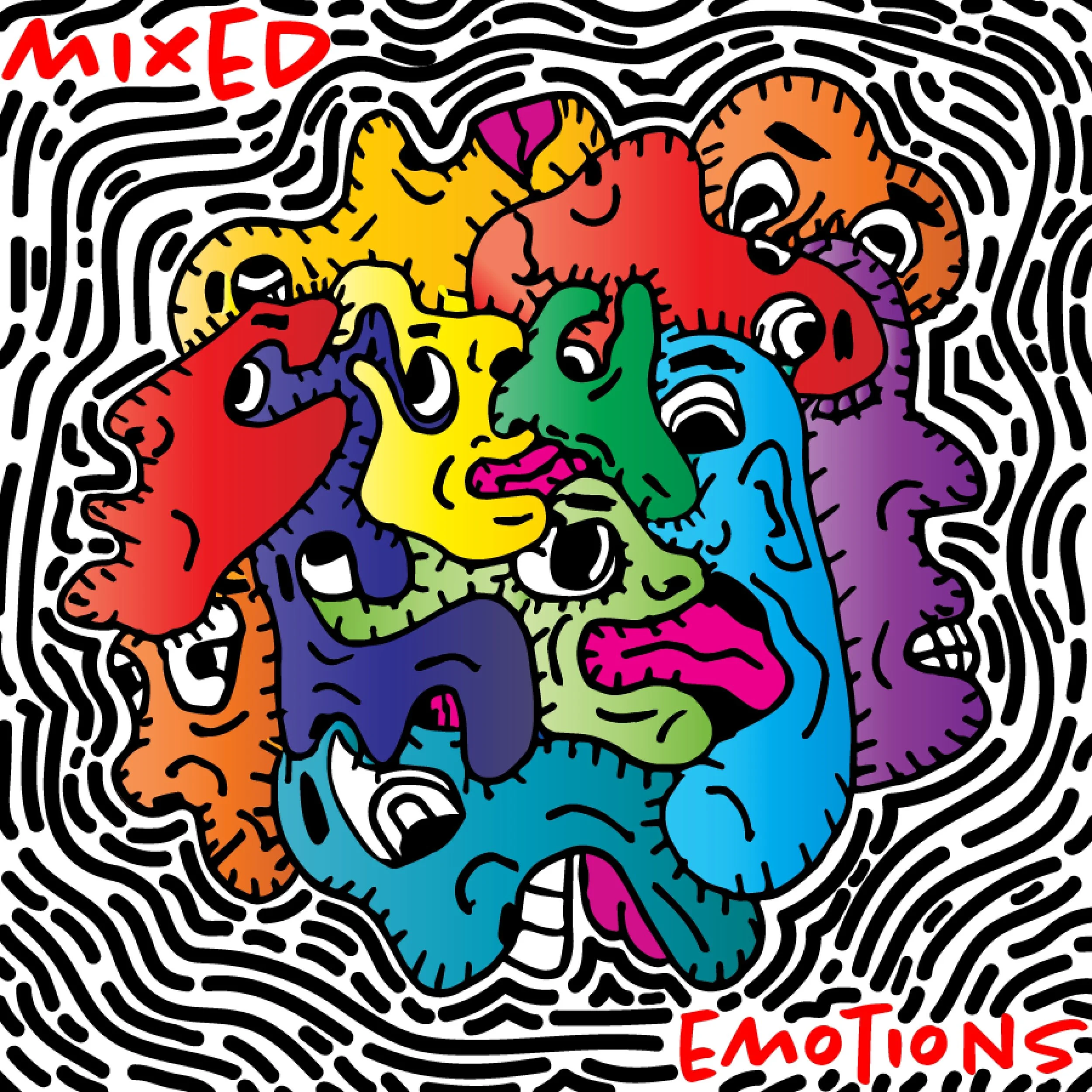 A colorful abstract illustration of human faces in red, yellow, green, blue, purple, orange, and pink, surrounded by black and white maze-like lines. The words 'MIXED EMOTIONS' are written in red at the top left and bottom right corners.