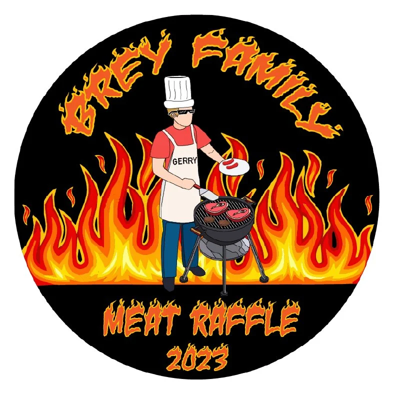A cartoon image of a man cooking steaks on a grill with flames in the background. The man wears a chef's hat, sunglasses, a red shirt, and an apron labeled "GERRY."