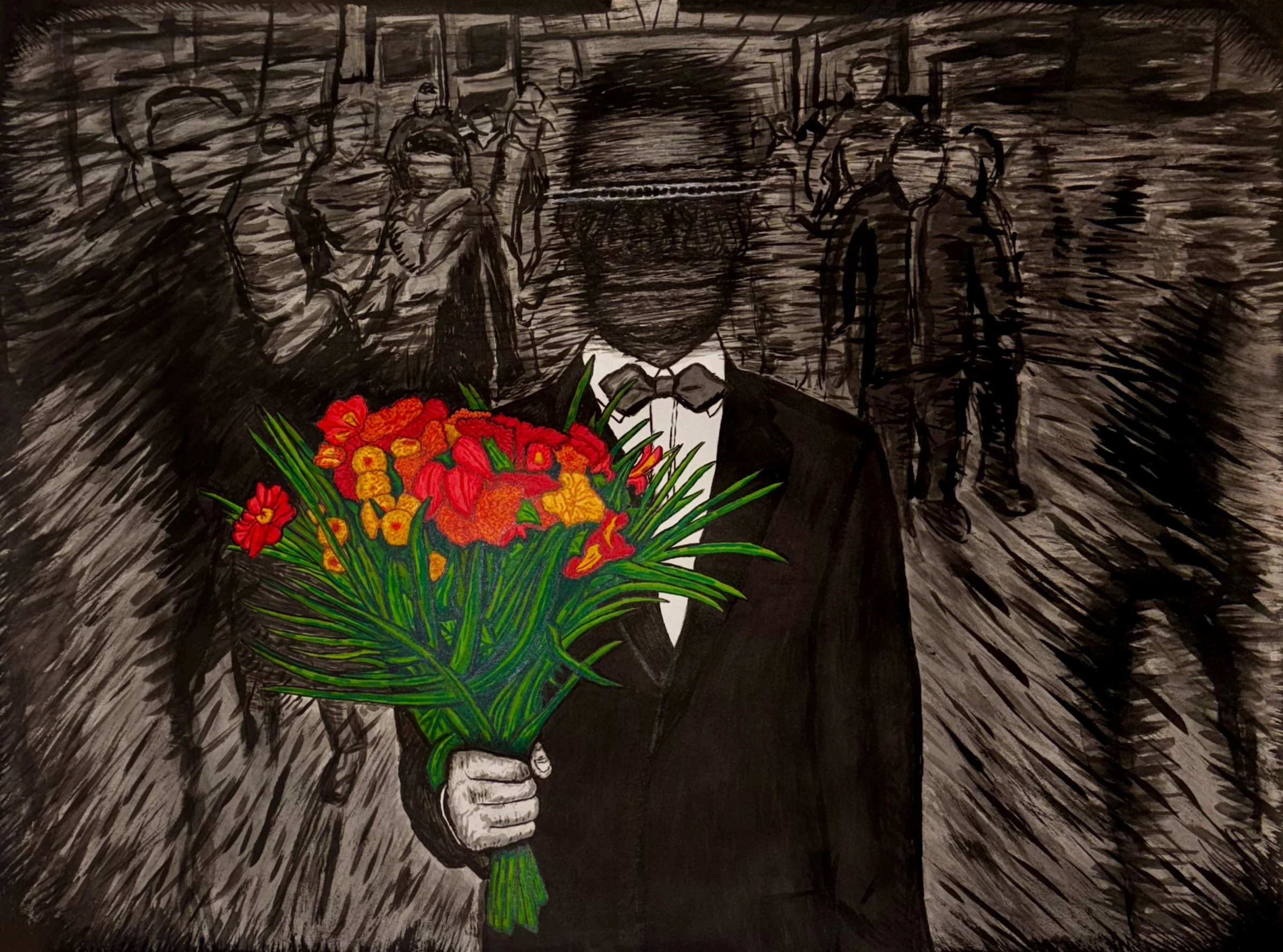 A black and white illustration of a person in a suit holding a large bouquet of colorful red, orange, and yellow flowers with green leaves. The person's face is not visible, and the background is textured with sketchy lines.