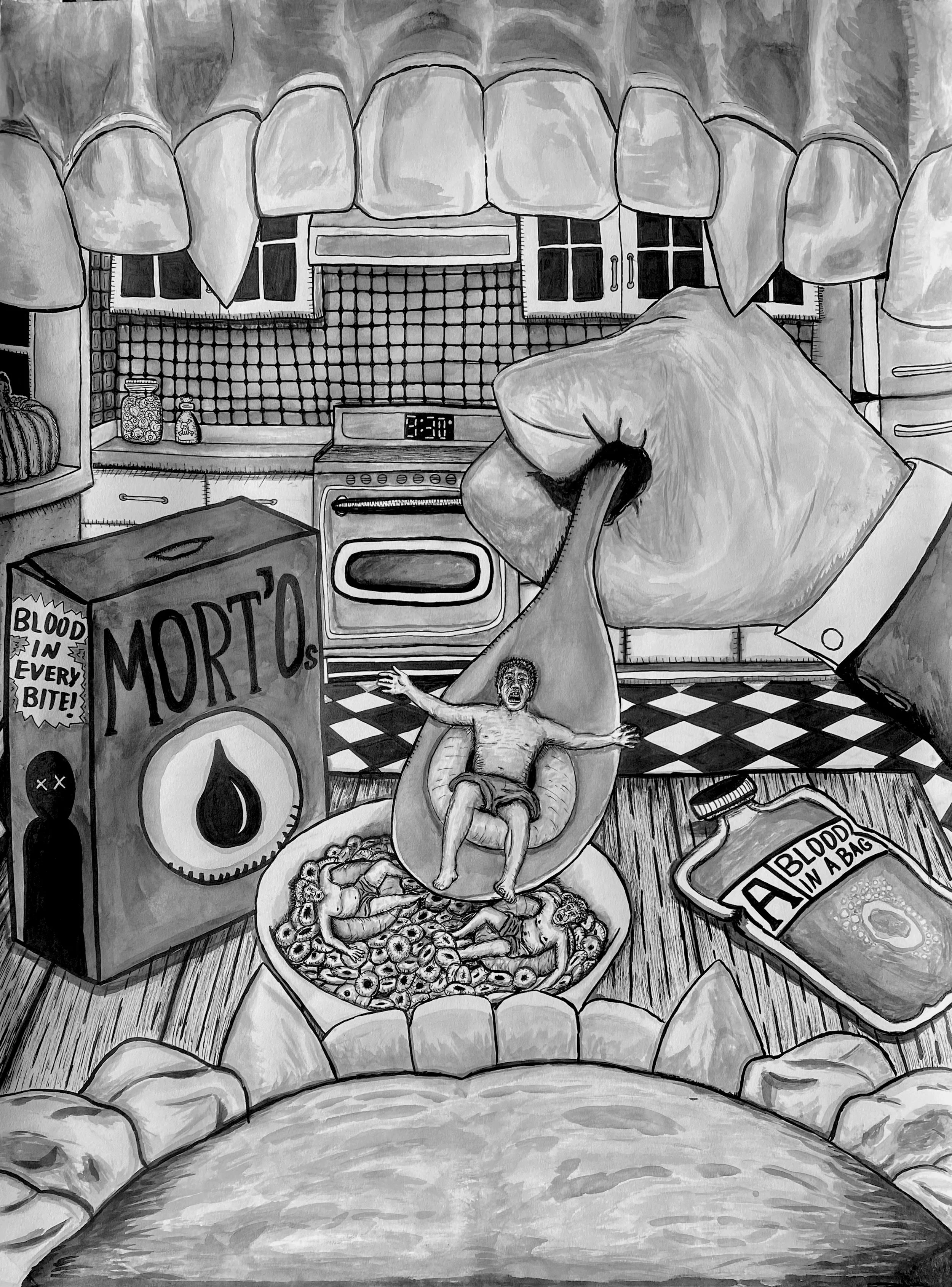 Black and white illustration of a kitchen scene with various items, including a stove with an digital clock , a cup of cereal with people sitting in it and a jar of eyeballs. The scene appears exaggerated and surreal.