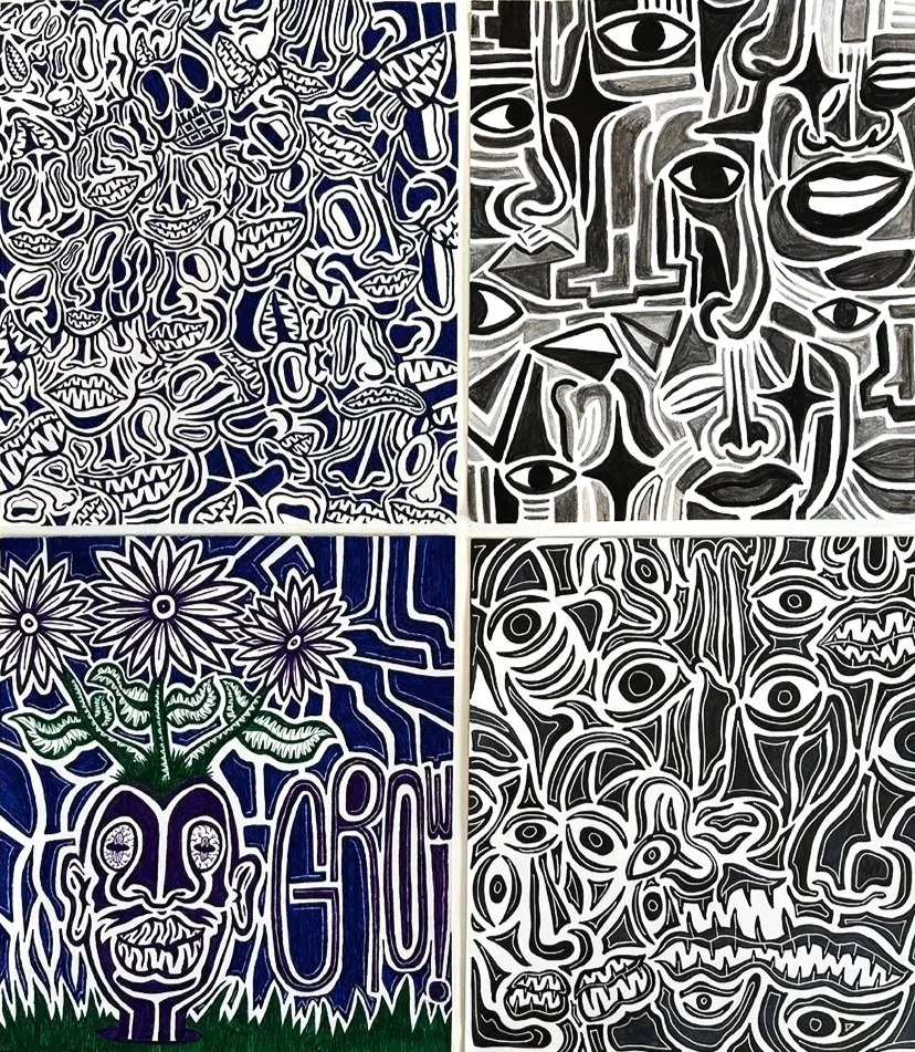 Four abstract art pieces, each featuring various abstract faces, eyes, and expressive shapes in bold lines and colors.