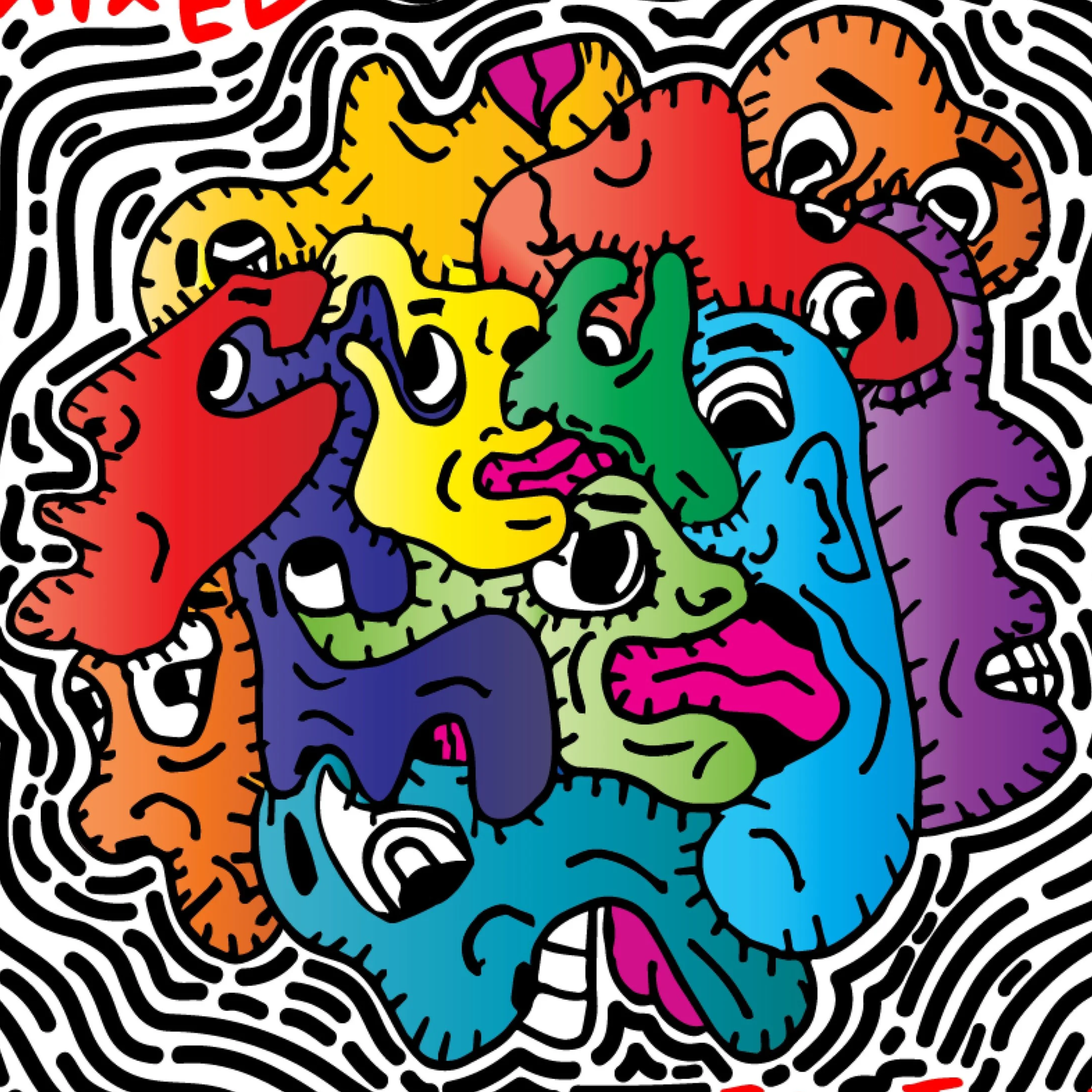 Colorful abstract artwork featuring a morphed faces with various vibrant colors, surrounded by black and white maze-like patterns.