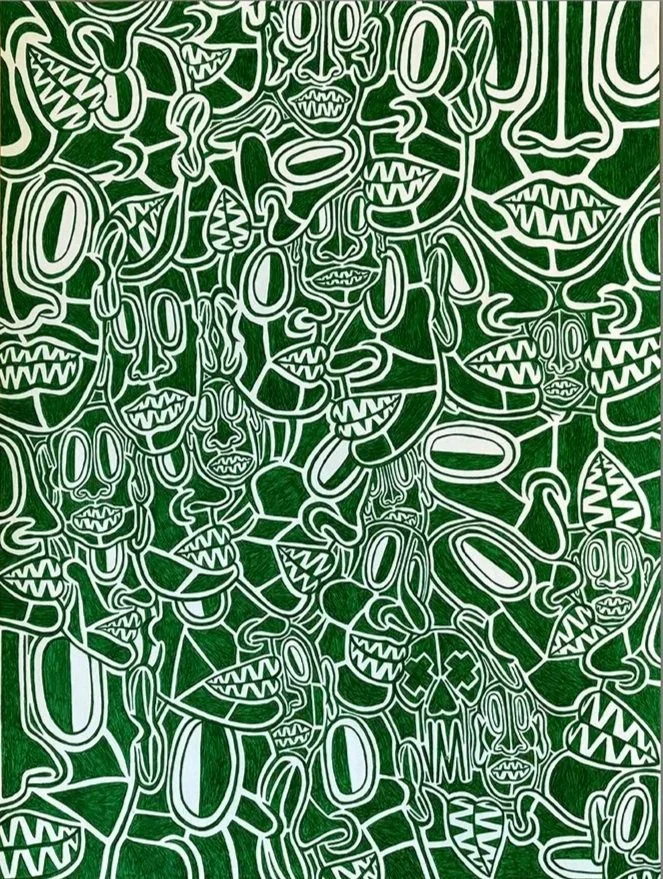A dense pattern of abstract, stylized faces and skulls with exaggerated features, in green ink.