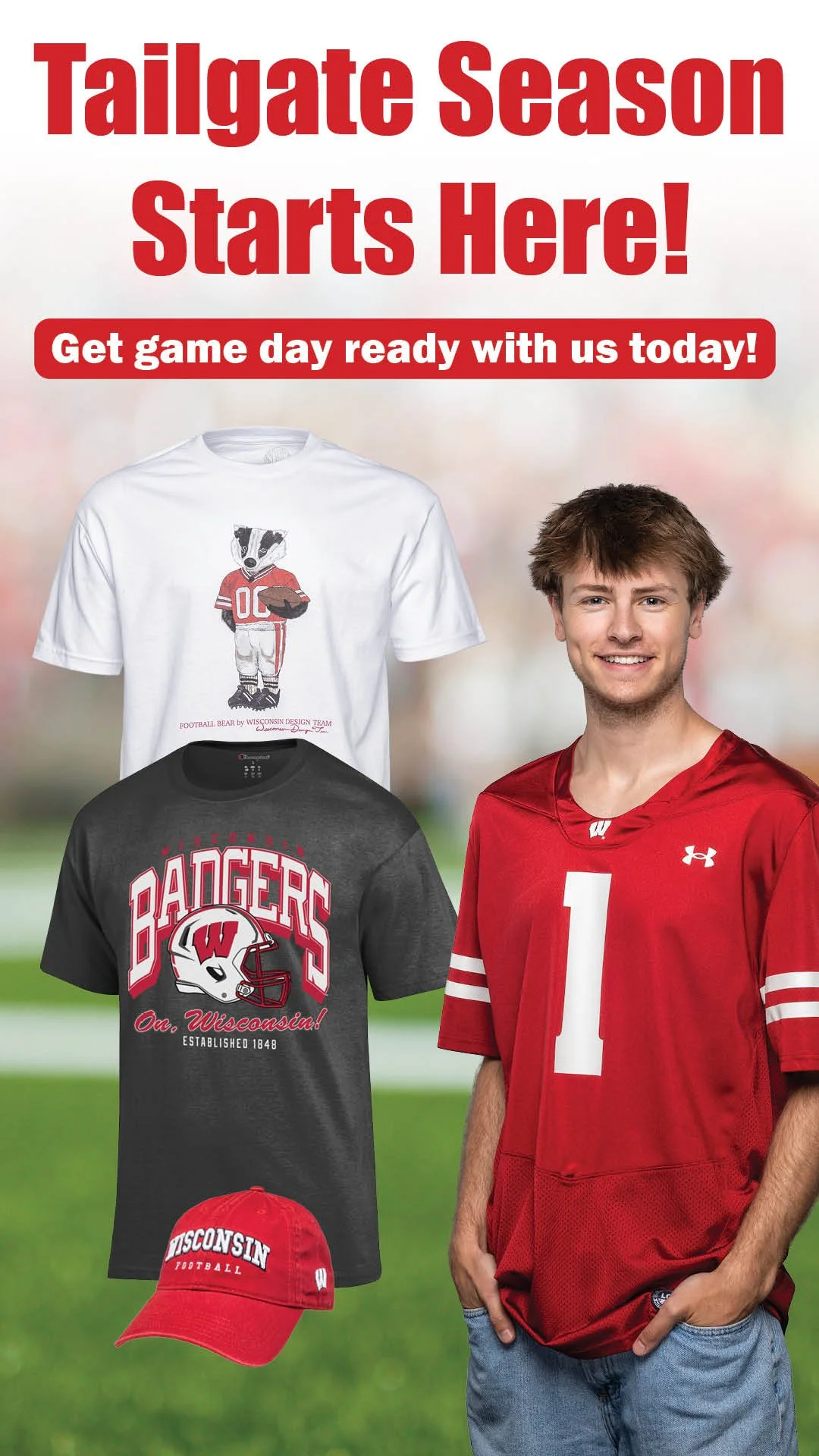 Promotional image displaying college football fan apparel for Wisconsin Badgers and University of Wisconsin football season, including T-shirts, a hat, and a young man in a red football jersey with the number 1.
