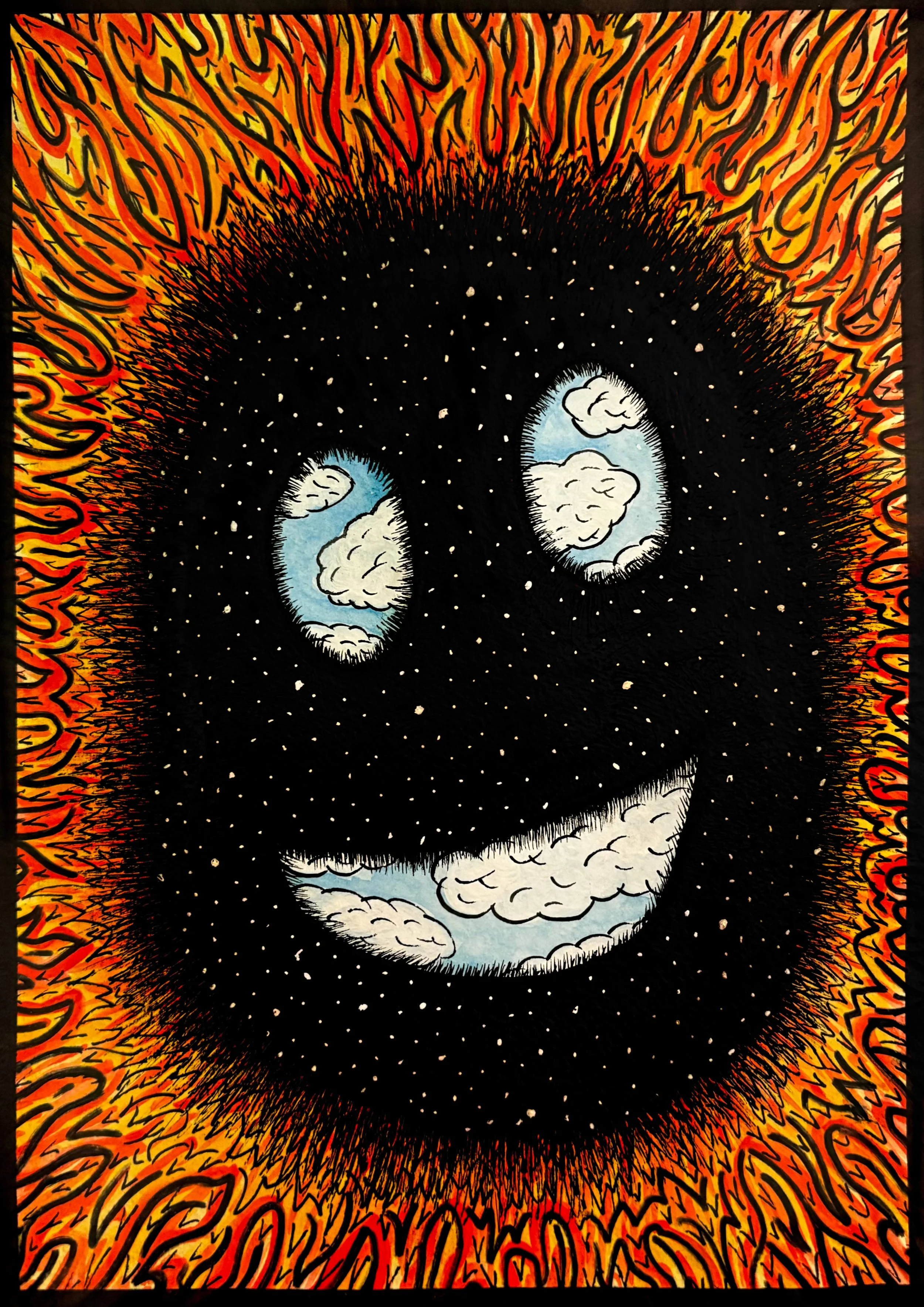An abstract illustration of a black spiral with white specks, resembling a galaxy or void, surrounded by flames in shades of red, orange, and yellow. Inside the spiral are cartoonish clouds with smiling faces.