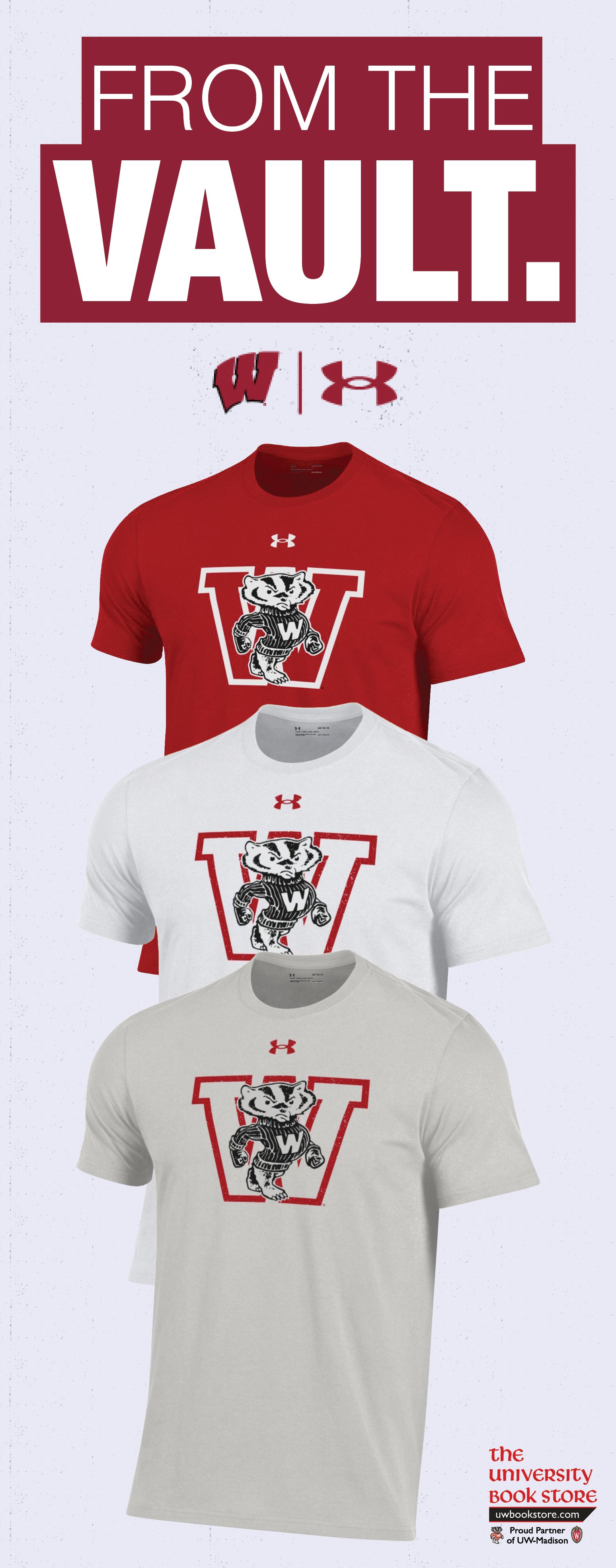 University of Wisconsin-Madison merchandise featuring red and white T-shirts with a badger mascot and WI logo, under the text 'From the Vault' and sponsored by Under Armour.