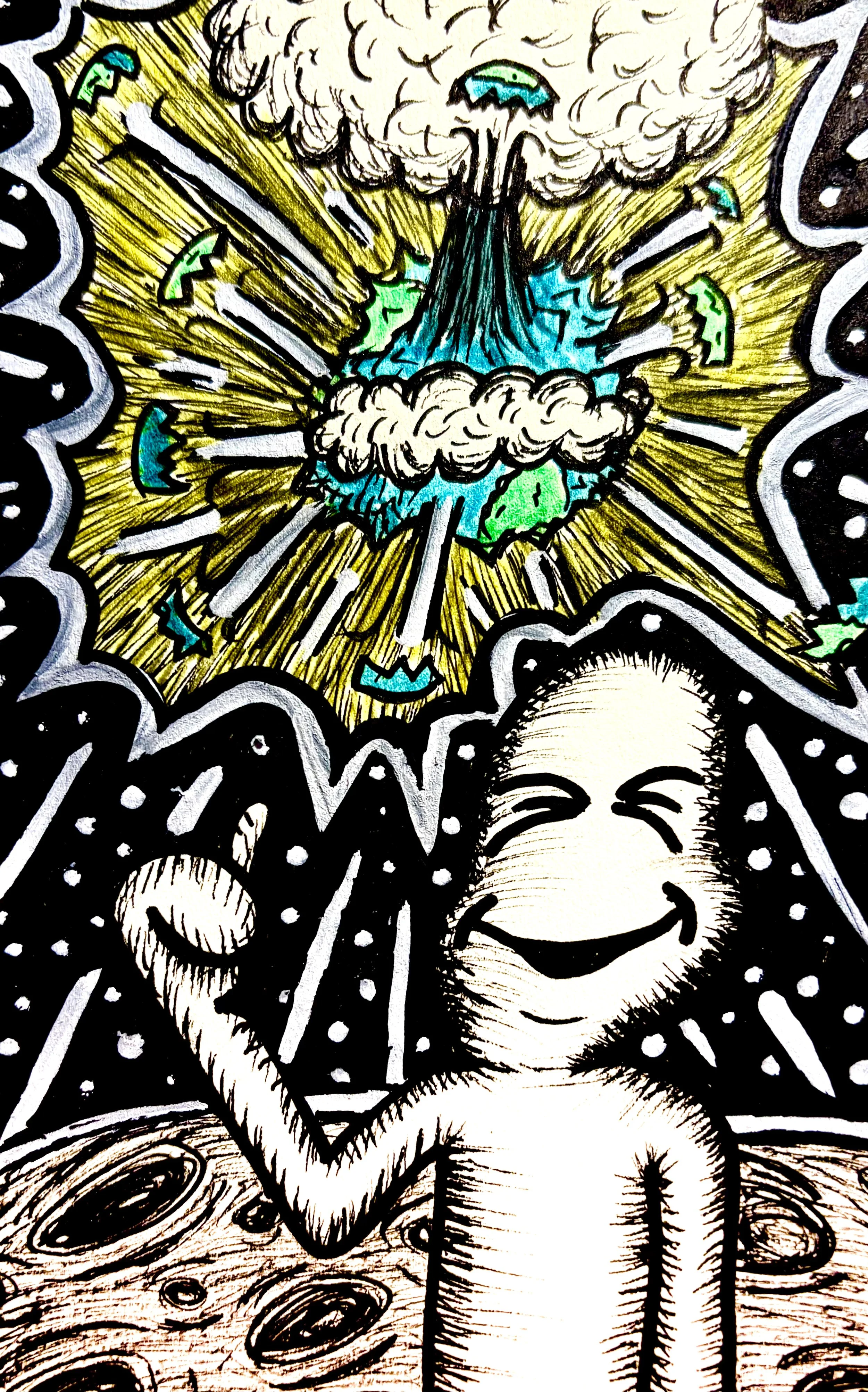 A cartoon-style drawing of a smiling alien, surrounded by other illustrations including a mushroom cloud explosion with yellow rays and a small figure with a cloud of smoke, all in a bold, comic art style.