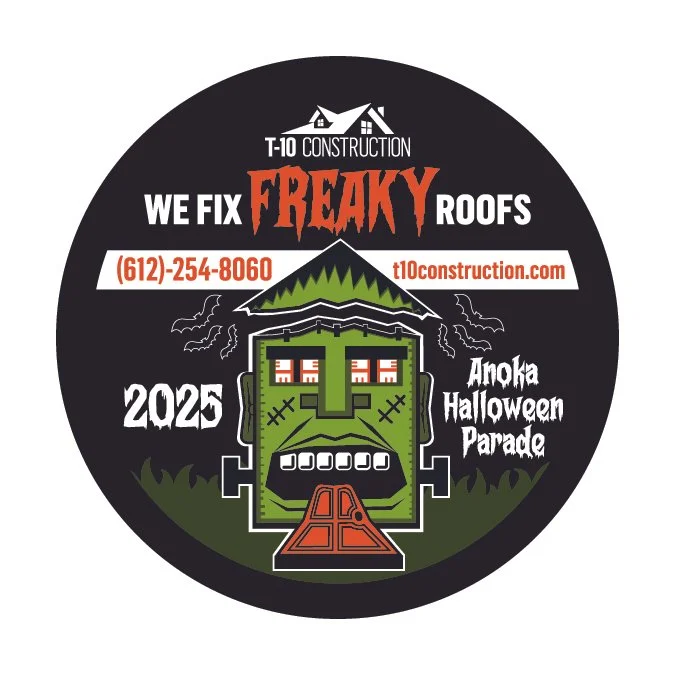 Circular Halloween-themed T-10 Construction featuring a green Frankenstein monster face with mountains on the head, surrounded by bats and lightning, promoting the 2025 Anoka Halloween Parade and services fixing roofs, with contact info and website.