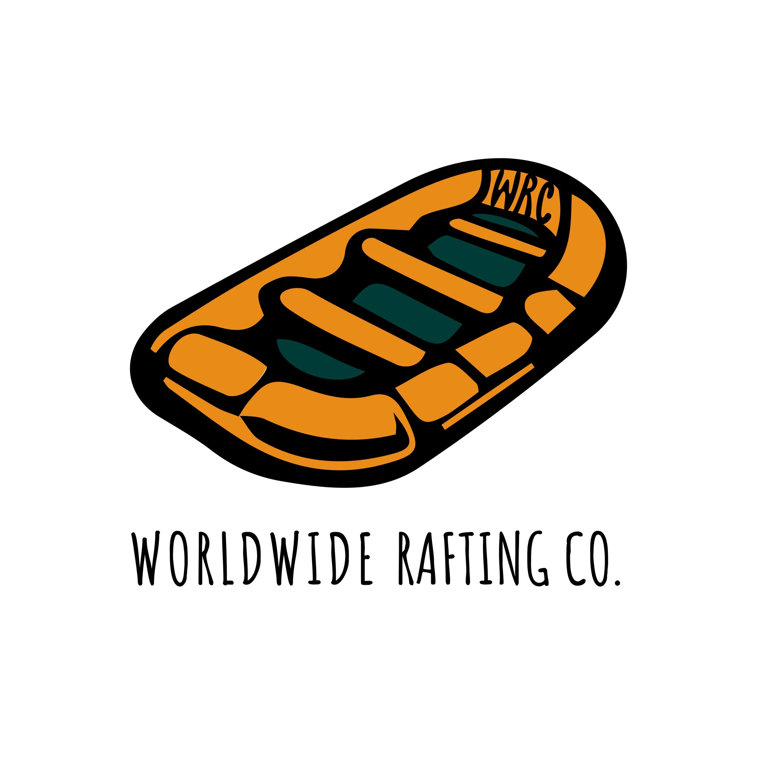 A logo for WorldWide Rafting Co. featuring an orange rafte with black outlines and details, and the company's name written in black text underneath.