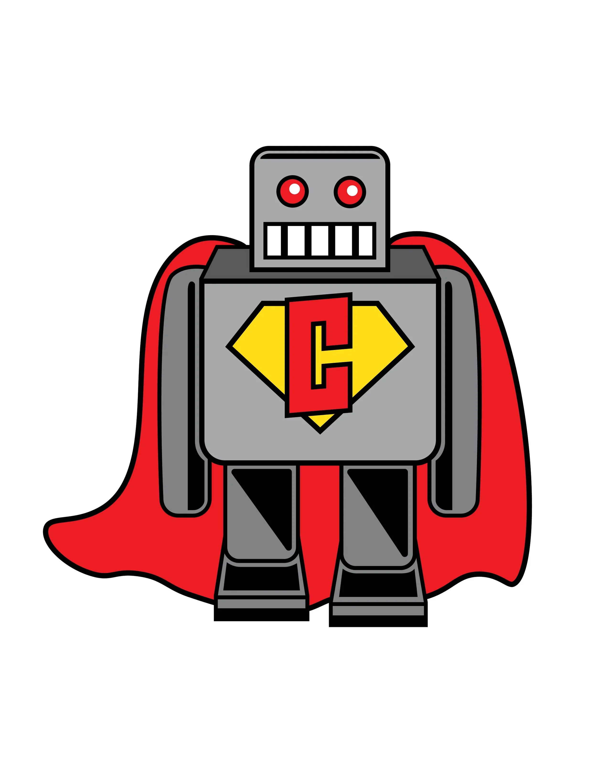 A cartoon robot with a gray body, red eyes, and a wide, toothy grin, wearing a red cape and a gray suit with a red and yellow shield emblem on its chest featuring a red letter 'C.'