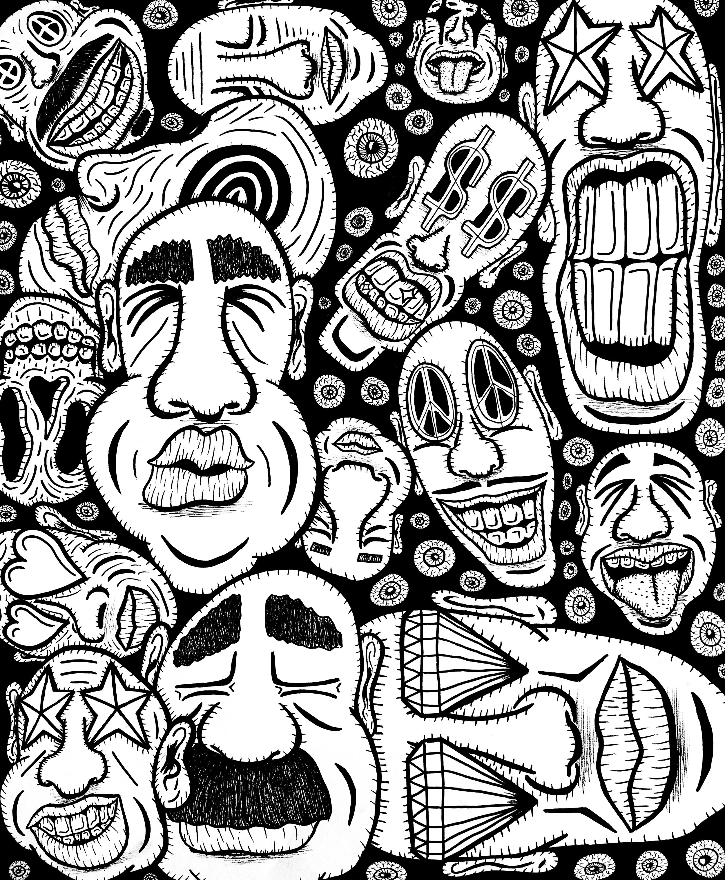 A black and white illustration featuring various hand-drawn skulls, faces, eyes, stars, peace signs, sunglasses, and other abstract patterns.