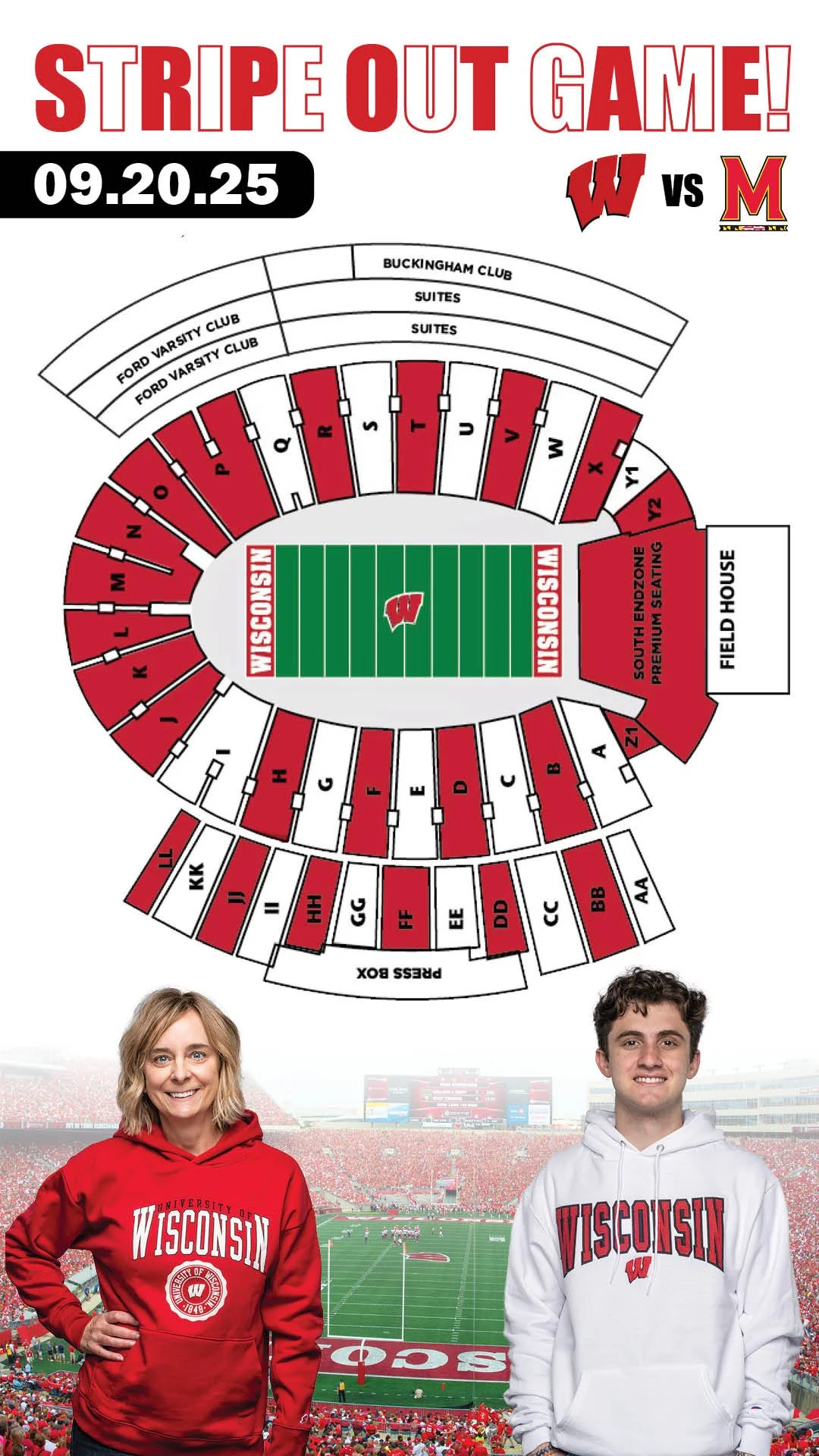 Map of a football stadium seating chart with the Wisconsin team logo in the field, two people in Wisconsin hoodies standing at the stadium, one woman in a red hoodie on the left and a man in a white hoodie on the right.