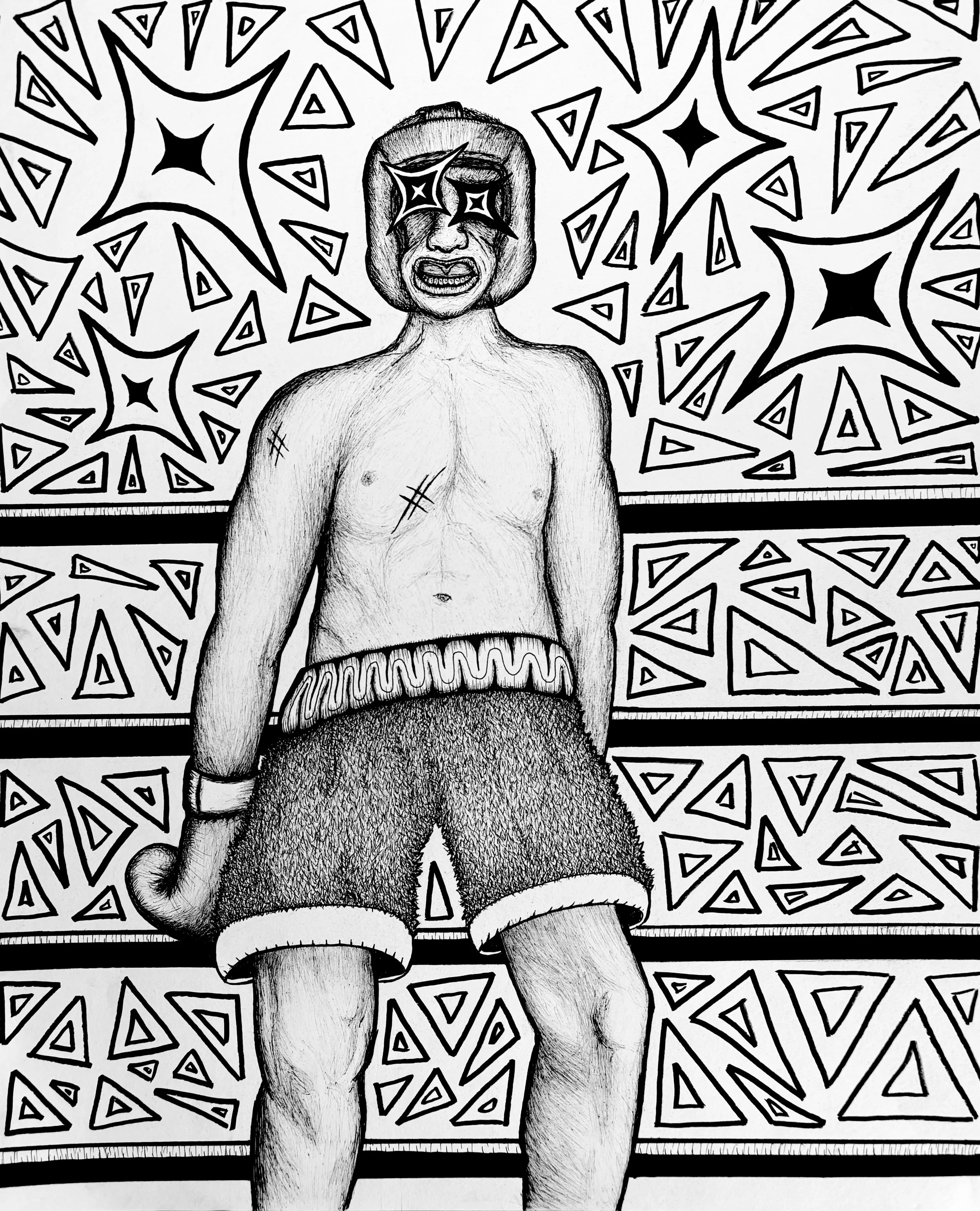 Black and white drawing of a shirtless boxer with facial features covered by stars, standing against a patterned background of triangles and star shapes.