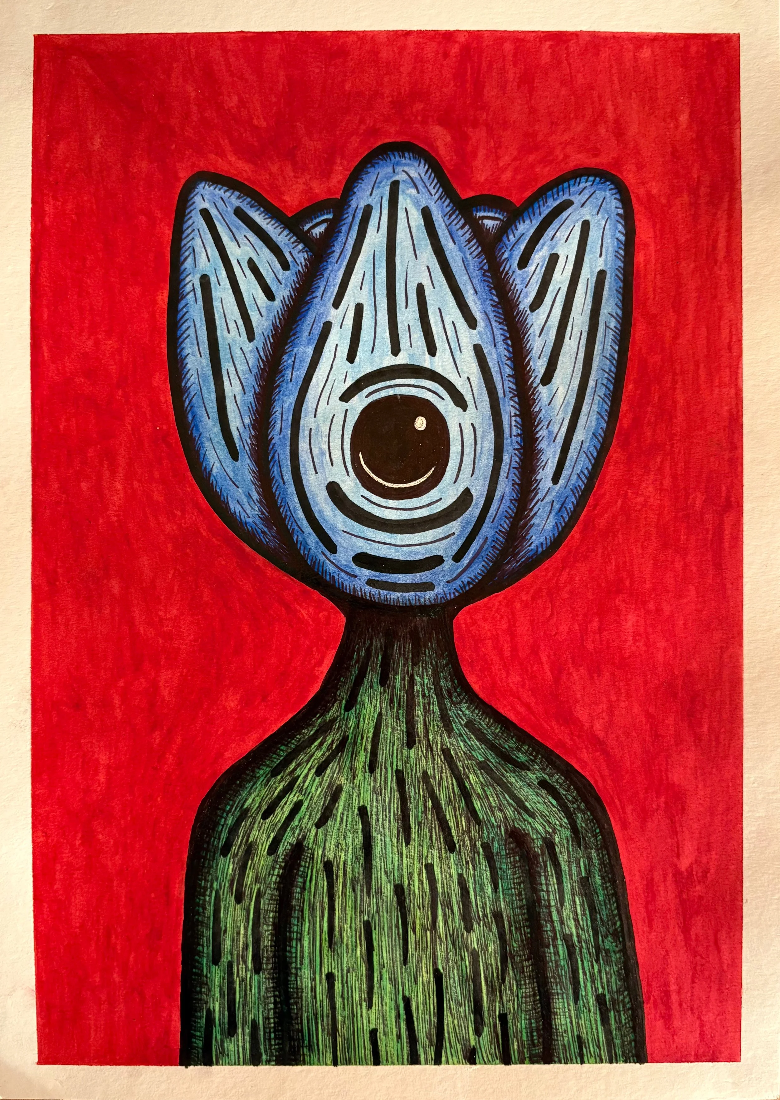 Colorful abstract painting featuring a large blue flower with black lines, with red background.