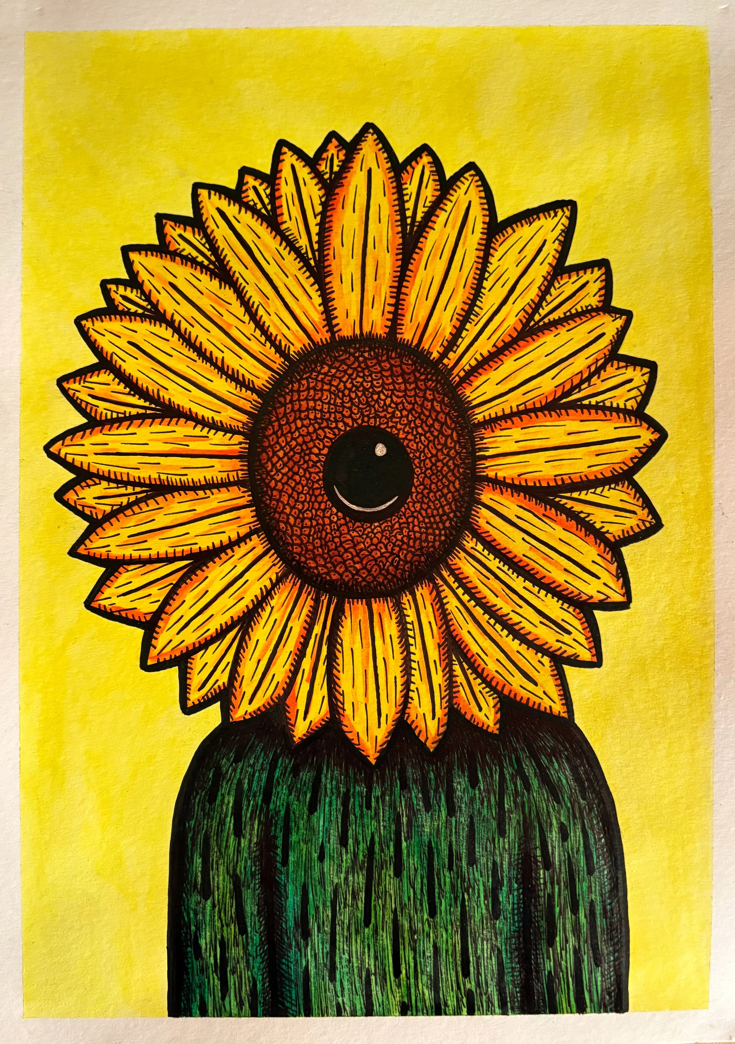 Drawing of a sunflower with a eye in the center and yellow petals, set against a yellow background.
