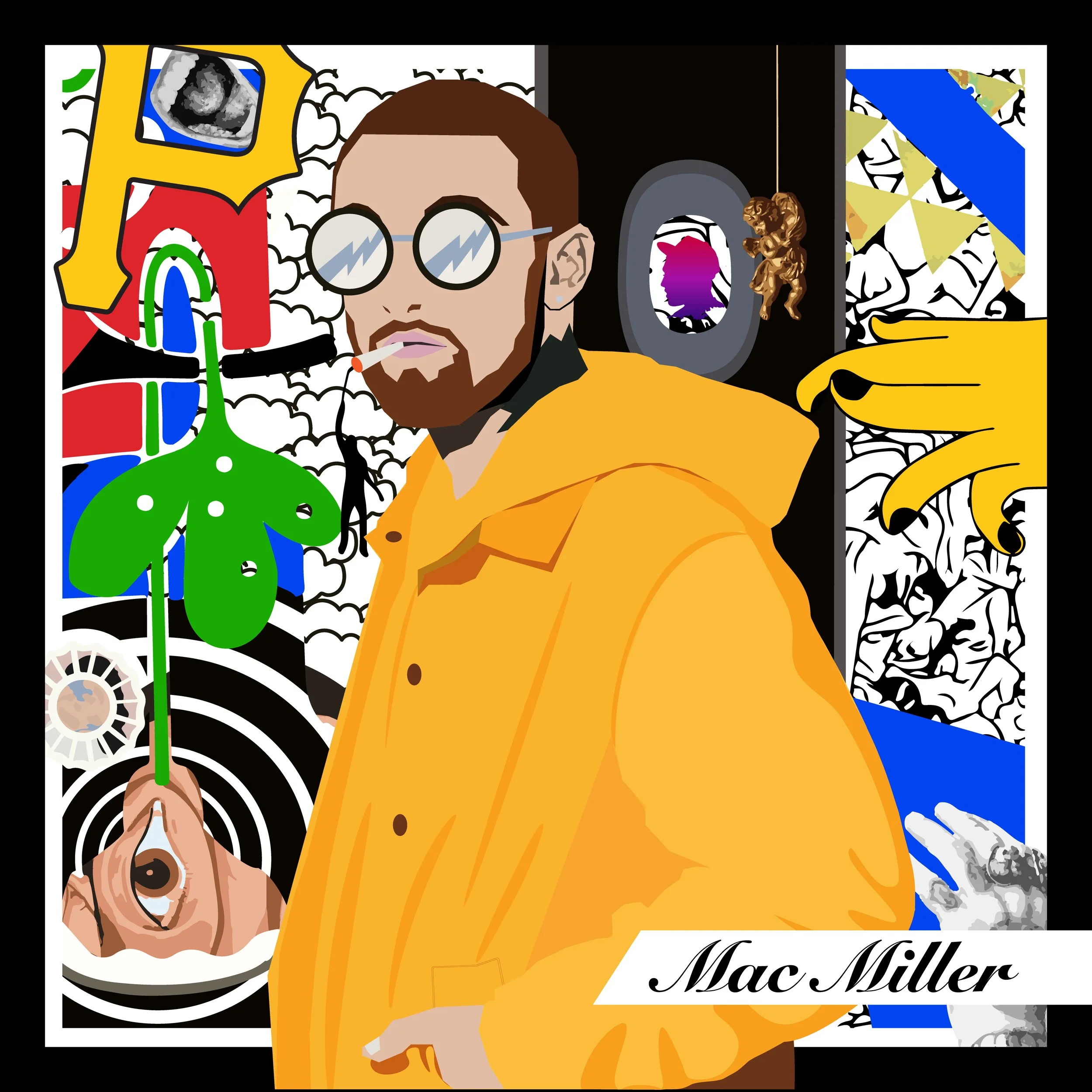 Digital illustration of Mac Miller. Behind him is a collage of various aspects of his albums over the years.