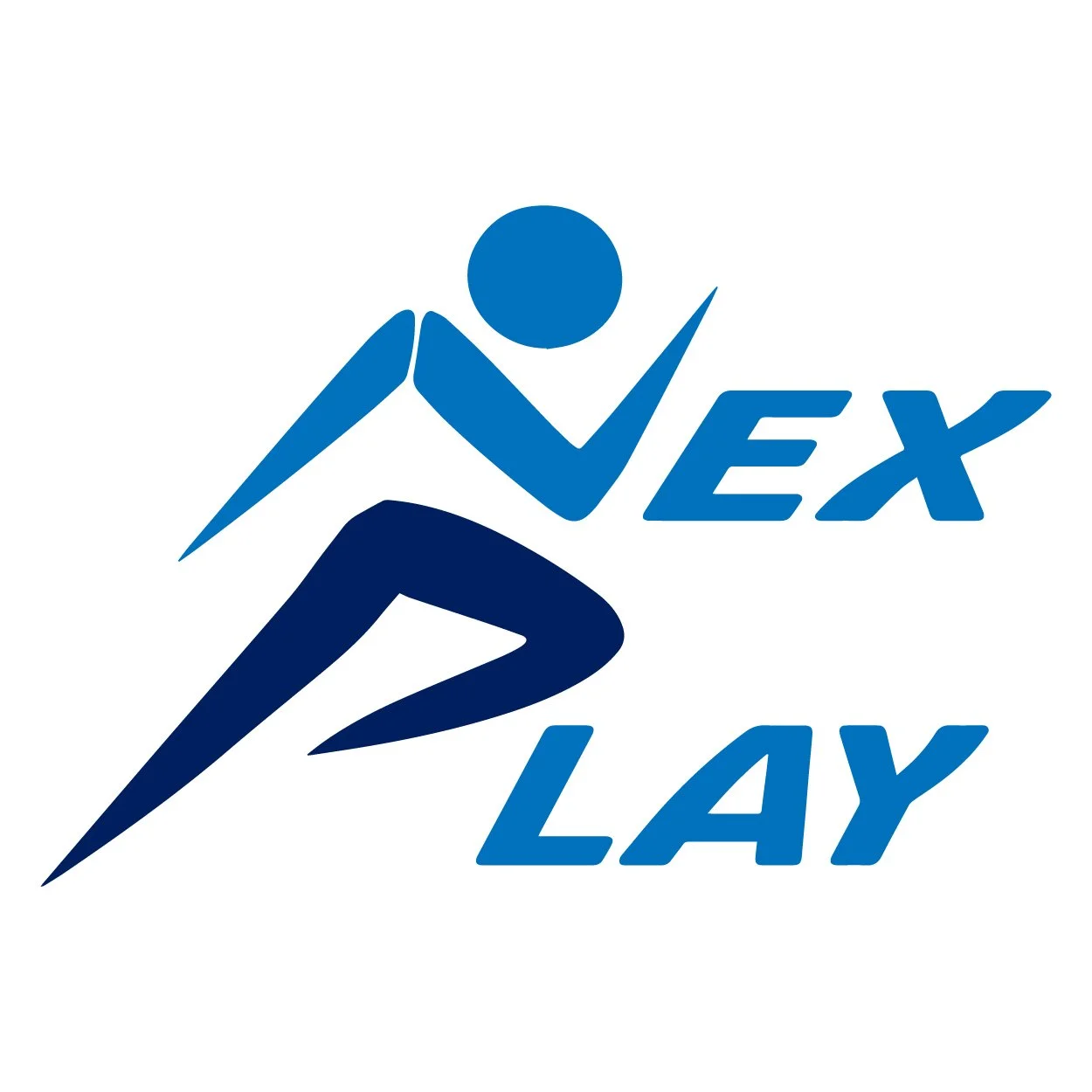 A stylized blue figure of a person running with the words 'Nex' and 'Play' in blue letters.