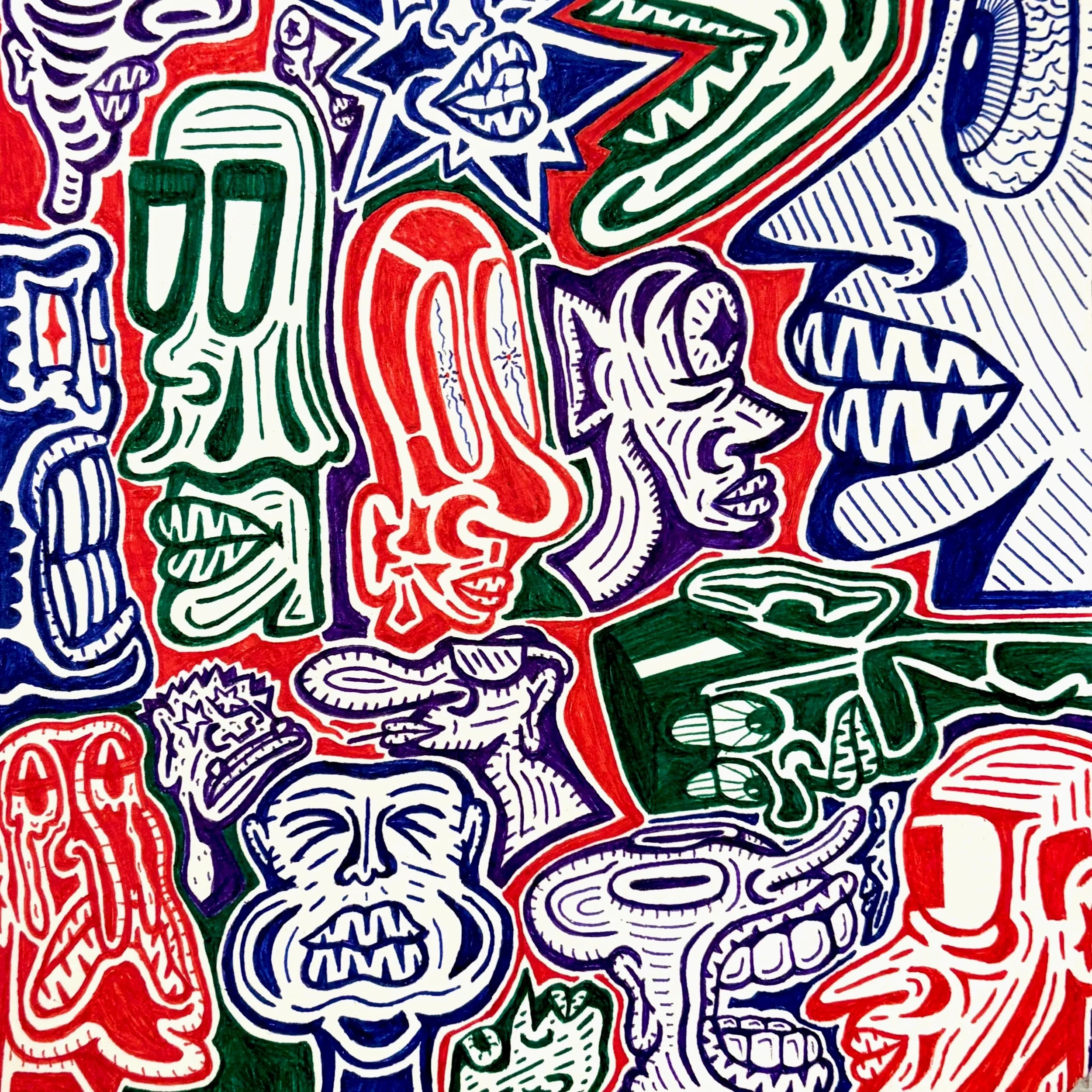 A colorful abstract drawing featuring various stylized faces and geometric shapes in red, blue, green, purple, and black ink.