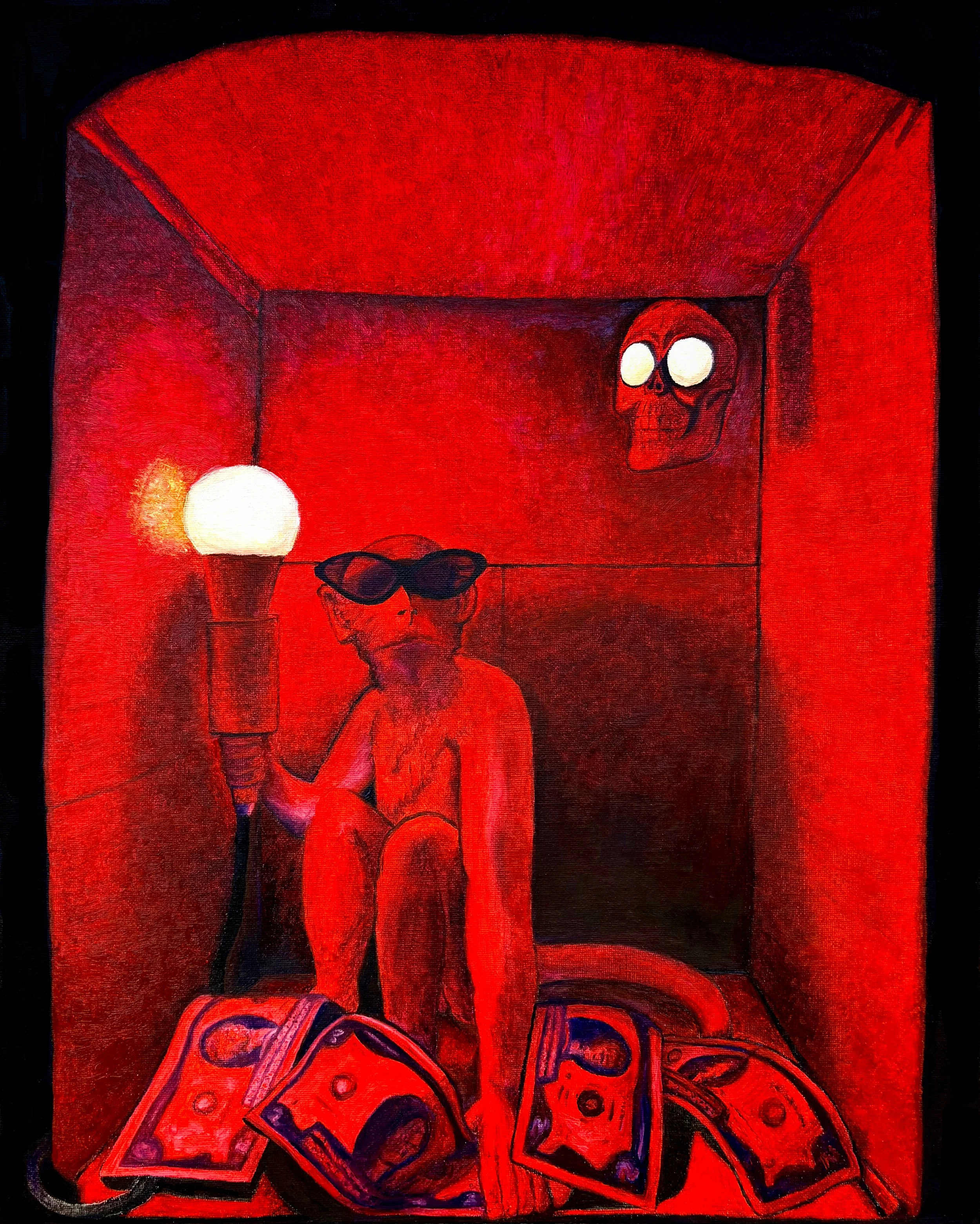 Painting of a monkey wearing sunglasses, sitting on a cardboard box, with a red background and a light fixture.