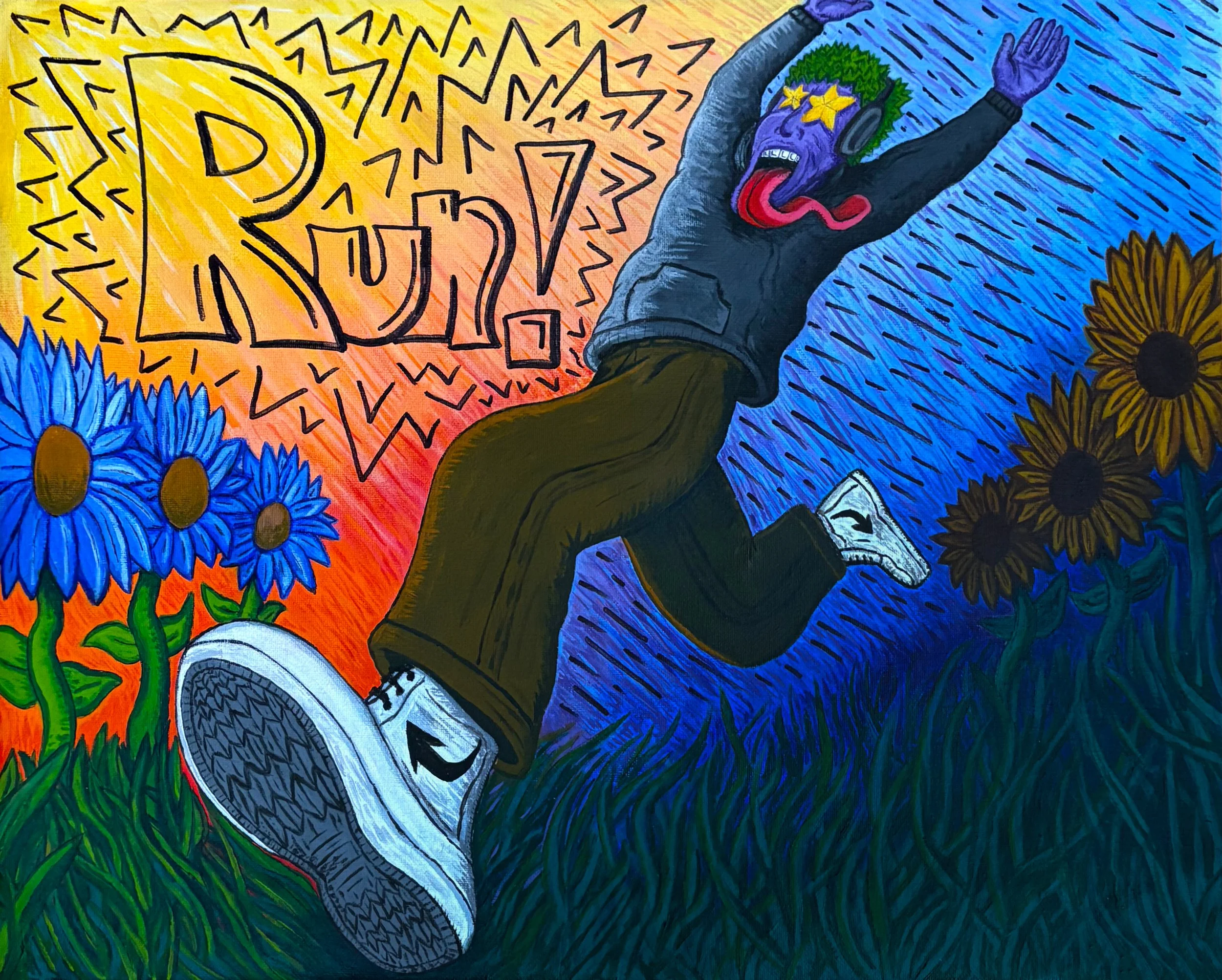 Colorful drawing of a person running wearing headphones,  set against a background divided into a yellow-orange half with the words 'RUN!' and a blue half with sunflower illustrations.