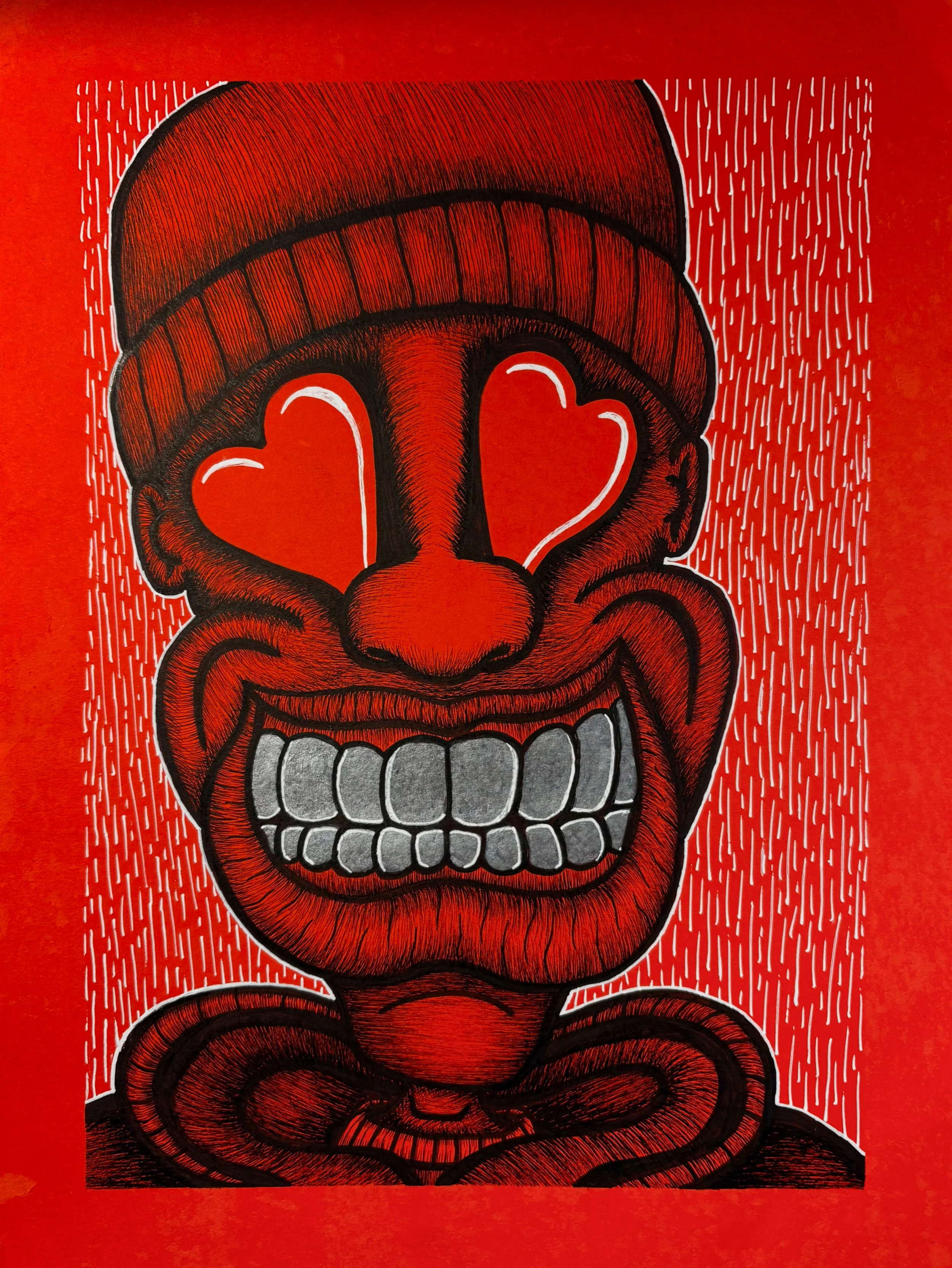 A red background with a black and white illustration of a face with prominent teeth. The face has thick black outlines and detailed shading, with white highlights on the eyes and chin. The illustration is framed by a red border.