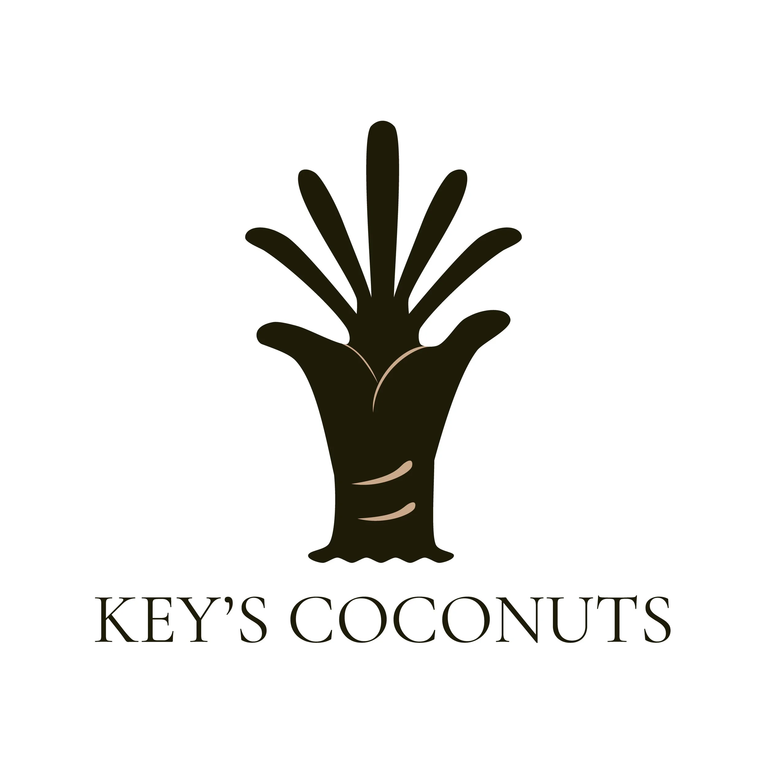 A logo featuring a black hand holding a palm tree, above the words "Key's Coconut" in black serif font.