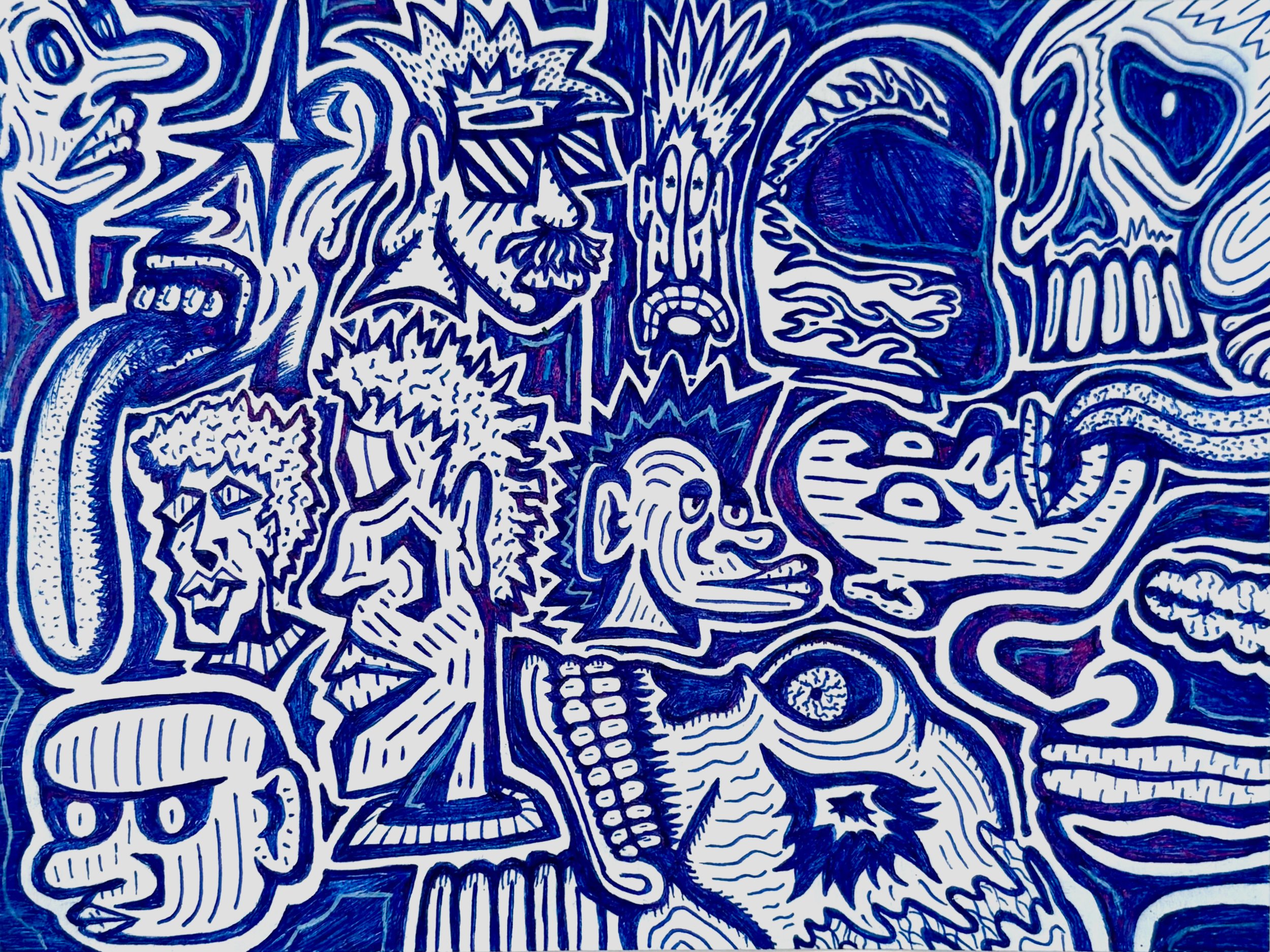 A blue and white abstract doodle art featuring various symbols including skulls, faces, a star, and multiple other shapes and patterns.
