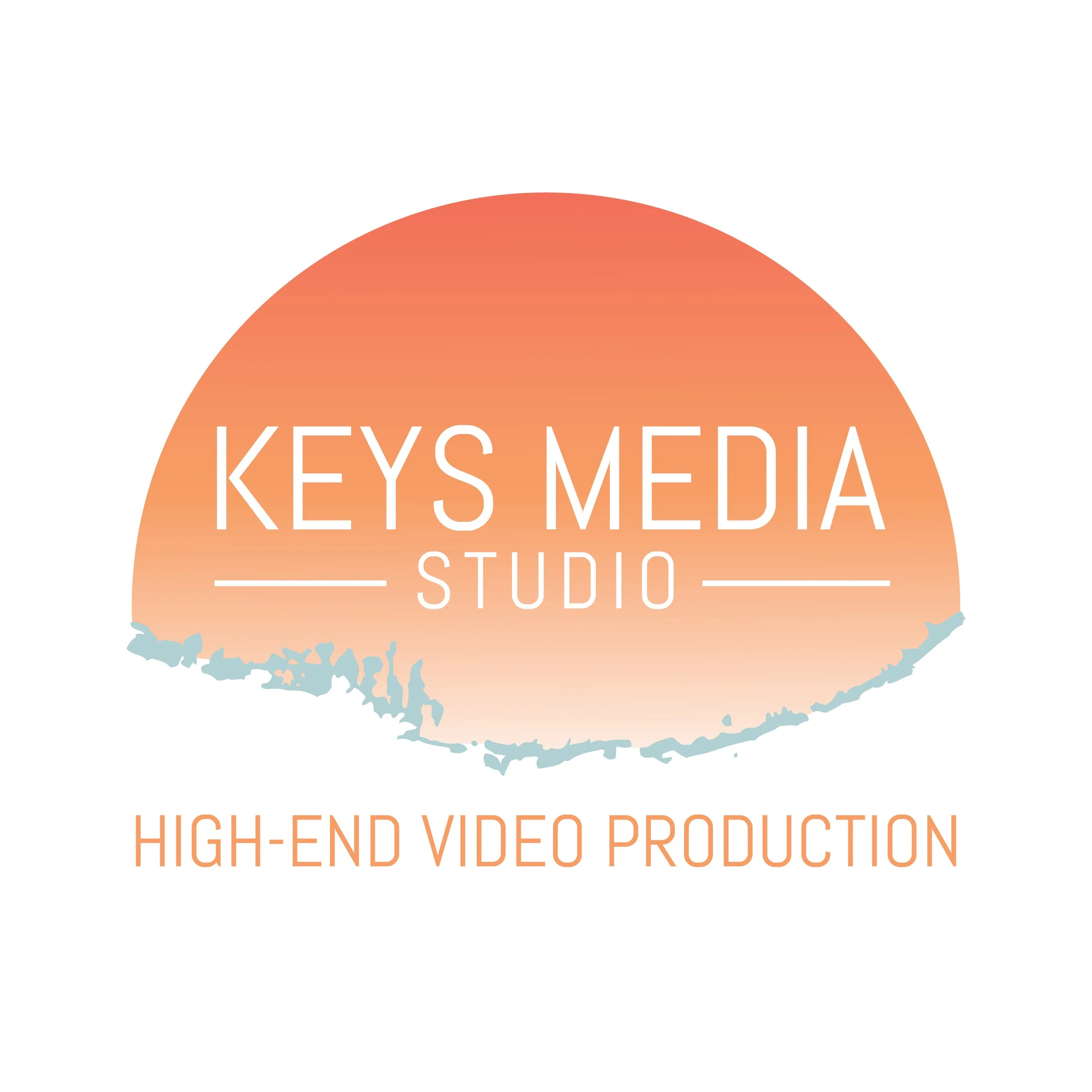 A map of the Florida Keys with a large orange semi-circle overlay featuring the text 'KEYS MEDIA STUDIO' in white, and additional text below promoting high-end video production services.