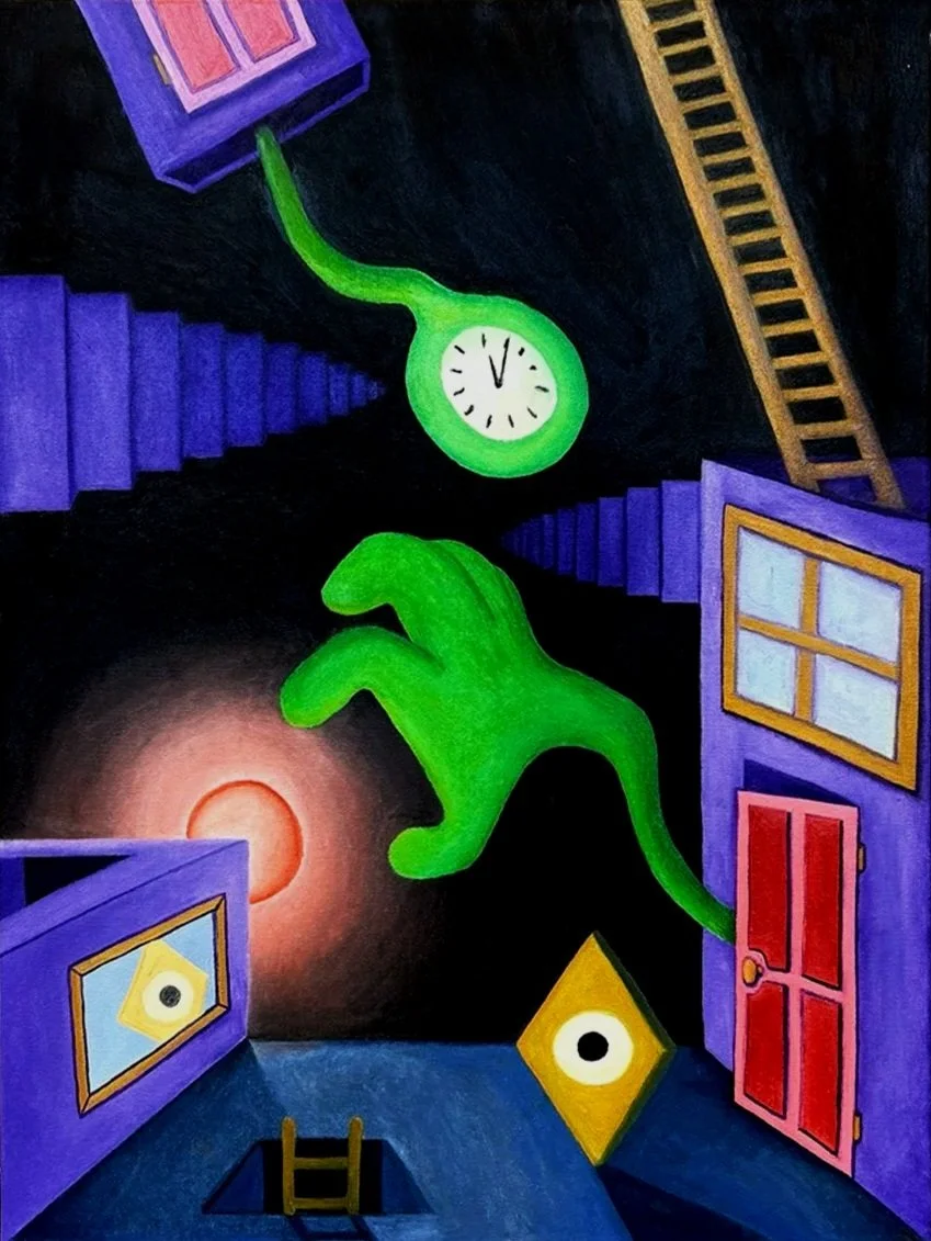 Surreal painting depicting a green hand reaching through open purple and red doors, a clock, a ladder, and a swirling red sun or vortex in the background.