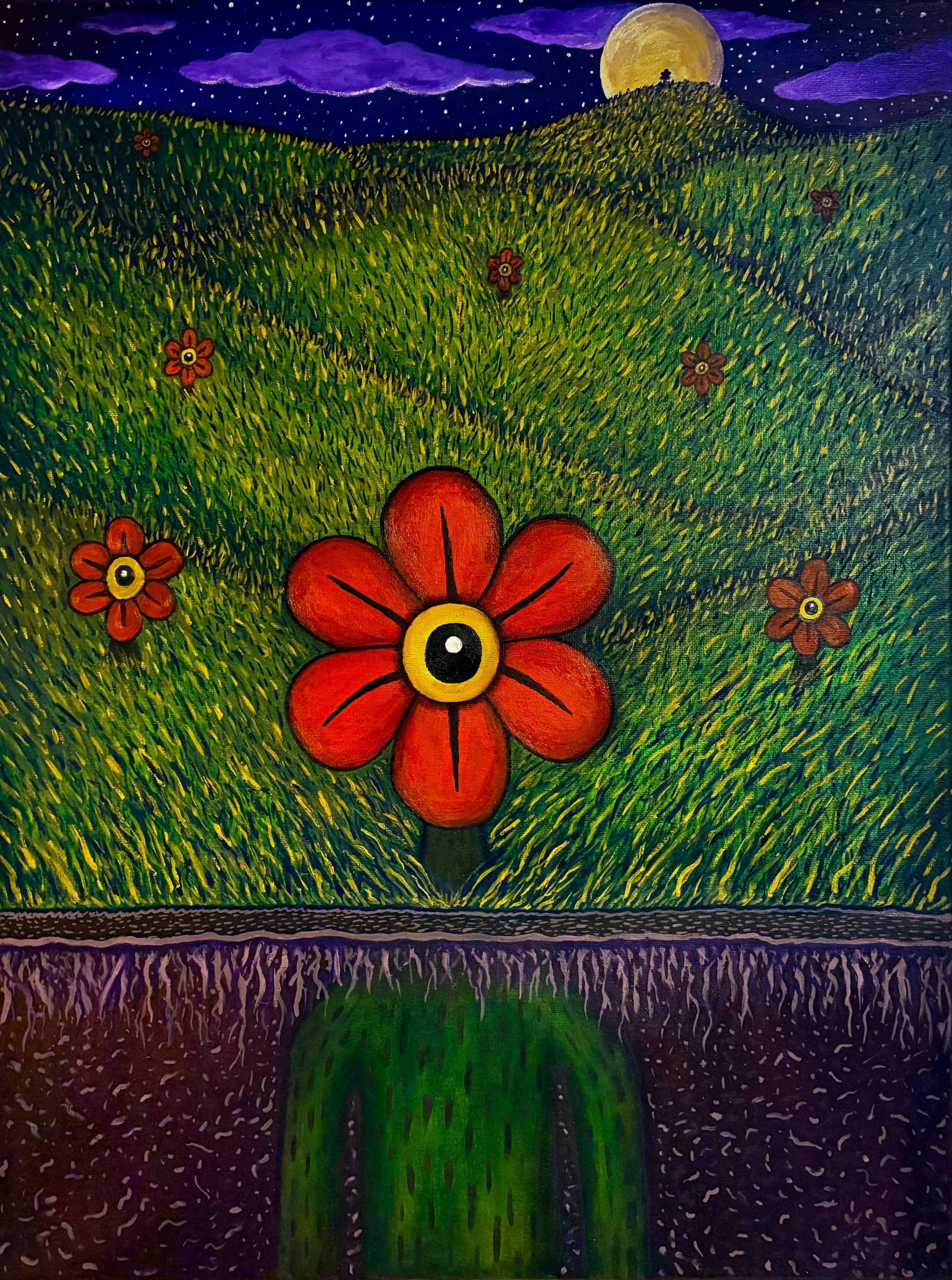A surreal painting of a landscape featuring large red flowers with an eye in the center, a lush green field, a dark purple sky with stars, a full moon, and purple clouds.