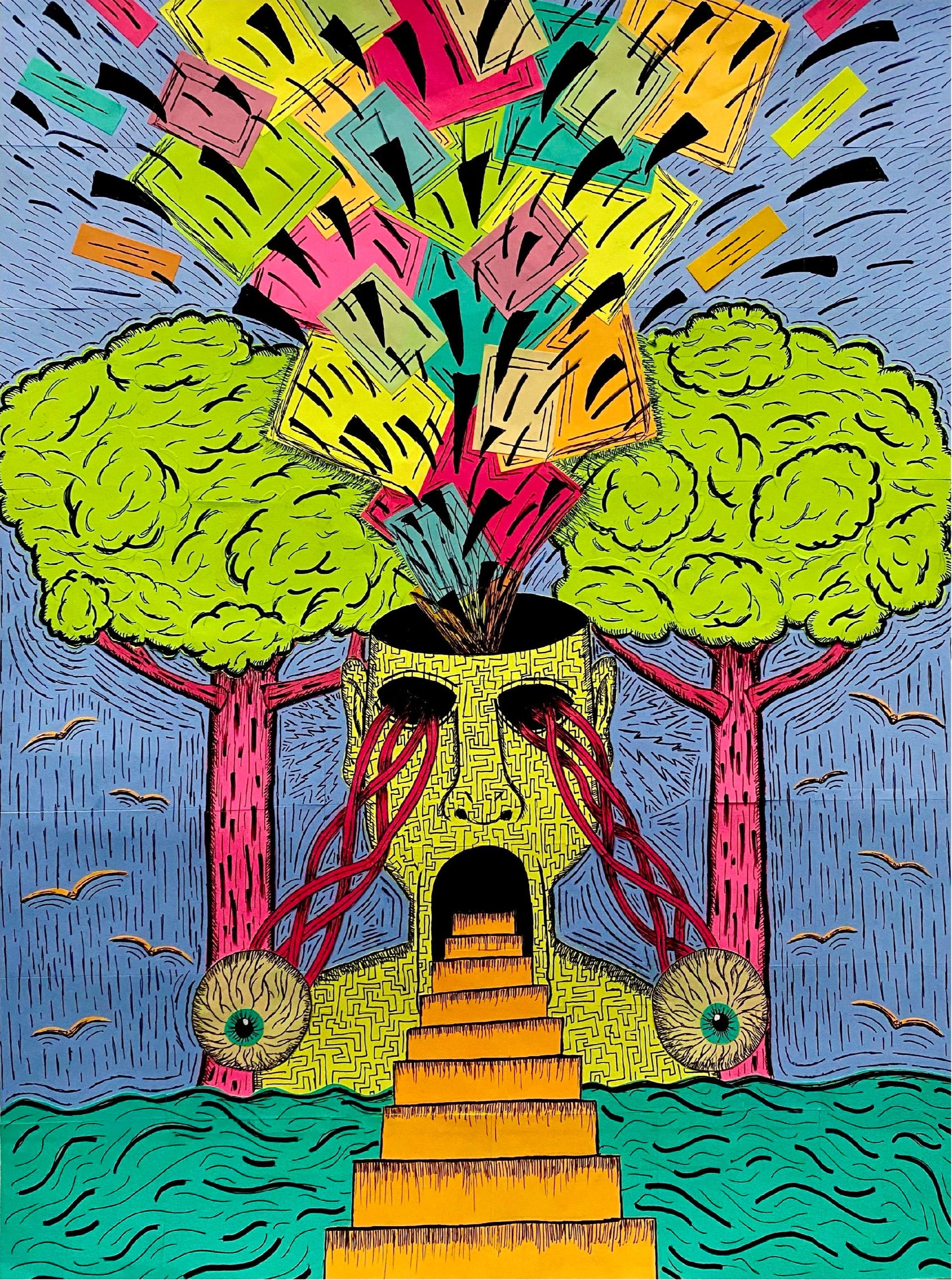 Colorful abstract artwork of a staircase leading to a face, with trees on either side, blue sky with clouds, and large stylized eyes at the base of the stairs.