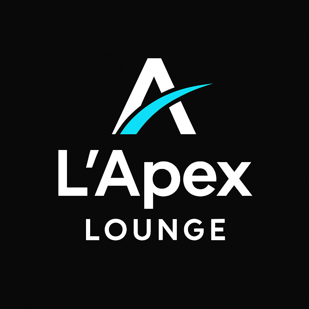 Logo noir avec un symbole stylisé et le texte 'L'Apex Lounge'