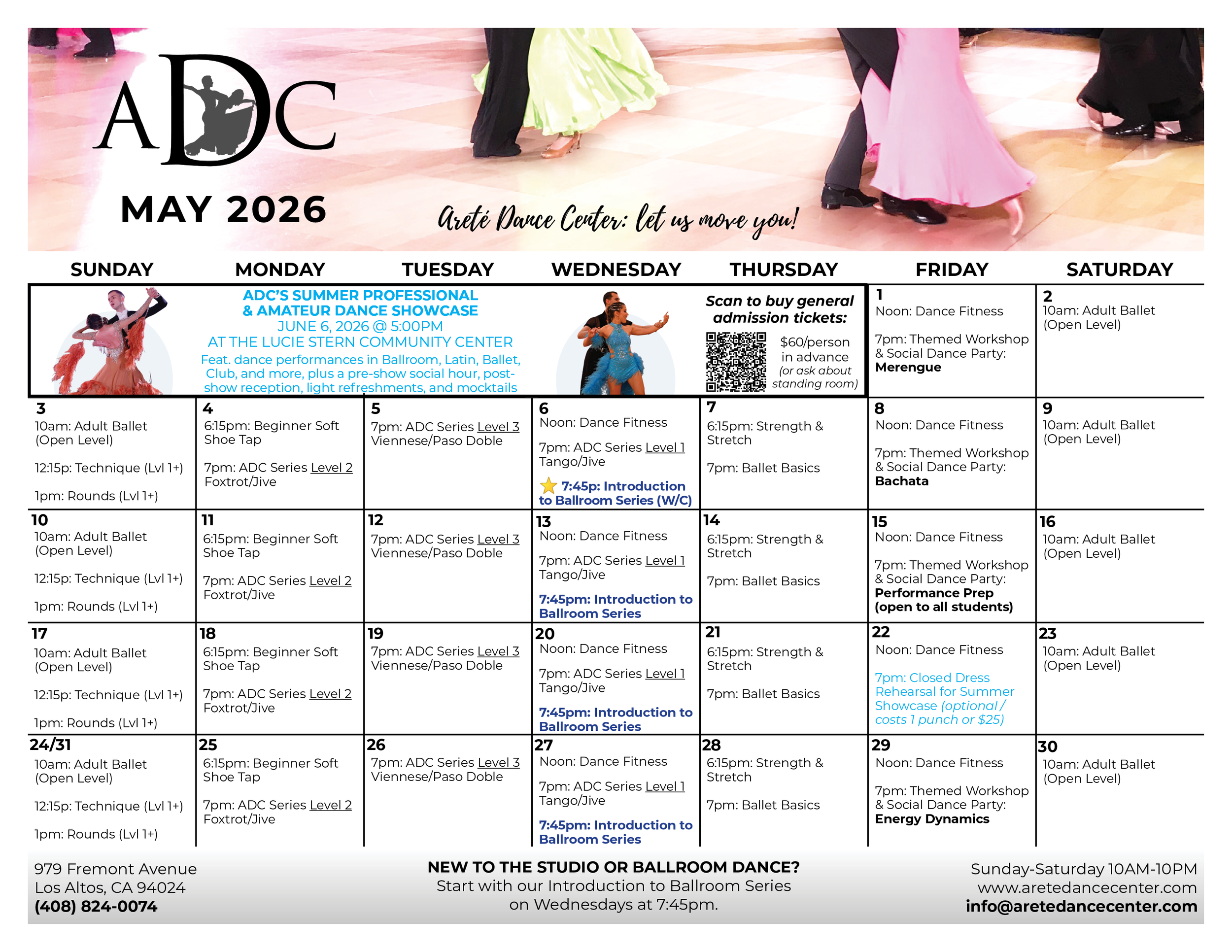 Dance class schedule for May 2026 at Arete Dance Center, featuring dance performances, workshops, fitness classes, and social dance parties, with dates, times, and descriptions.