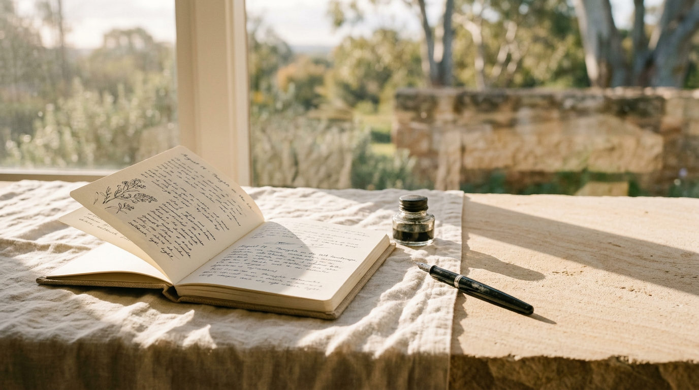 Open journal with handwritten text and botanical illustrations, ink bottle, and fountain pen on a textured cloth in front of a window overlooking trees and a stone structure.