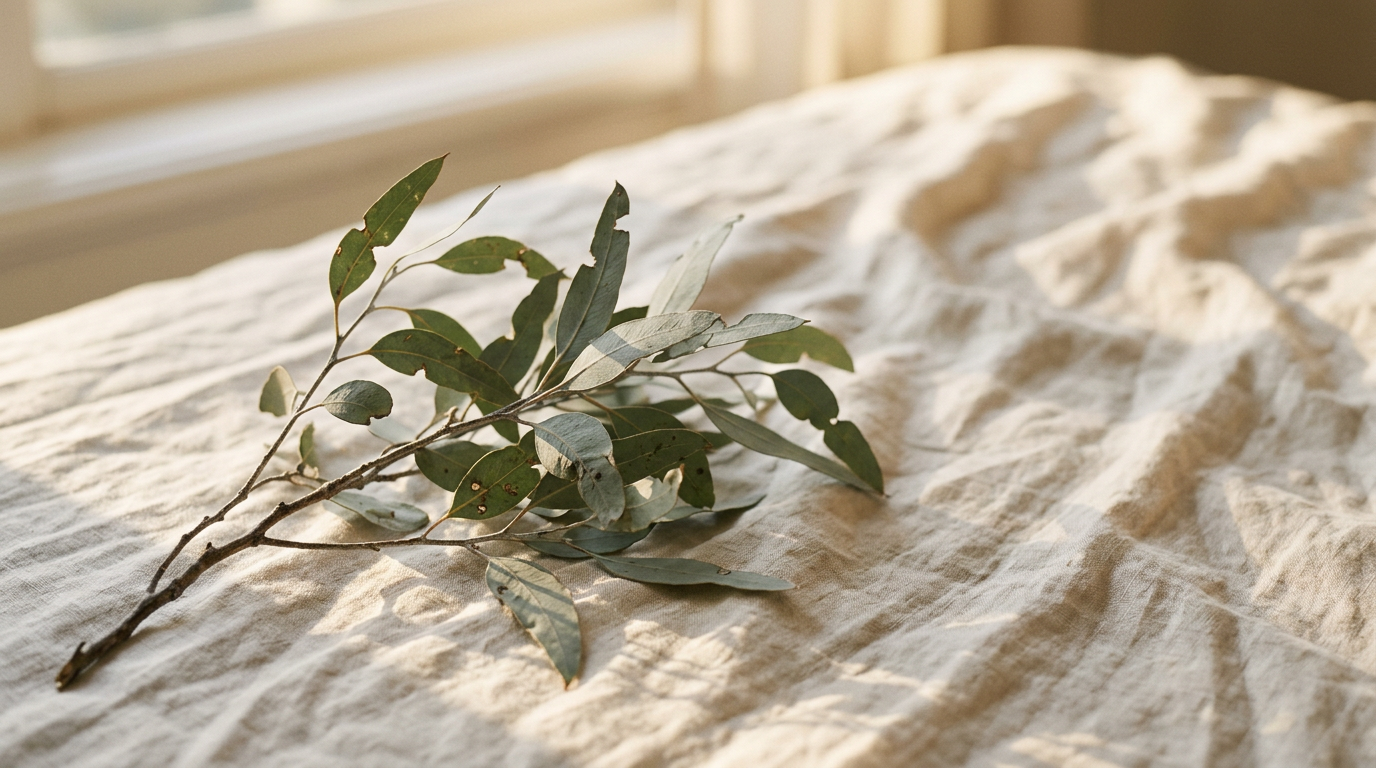 A branch with green leaves lying on a crumpled white fabric surface near a window.